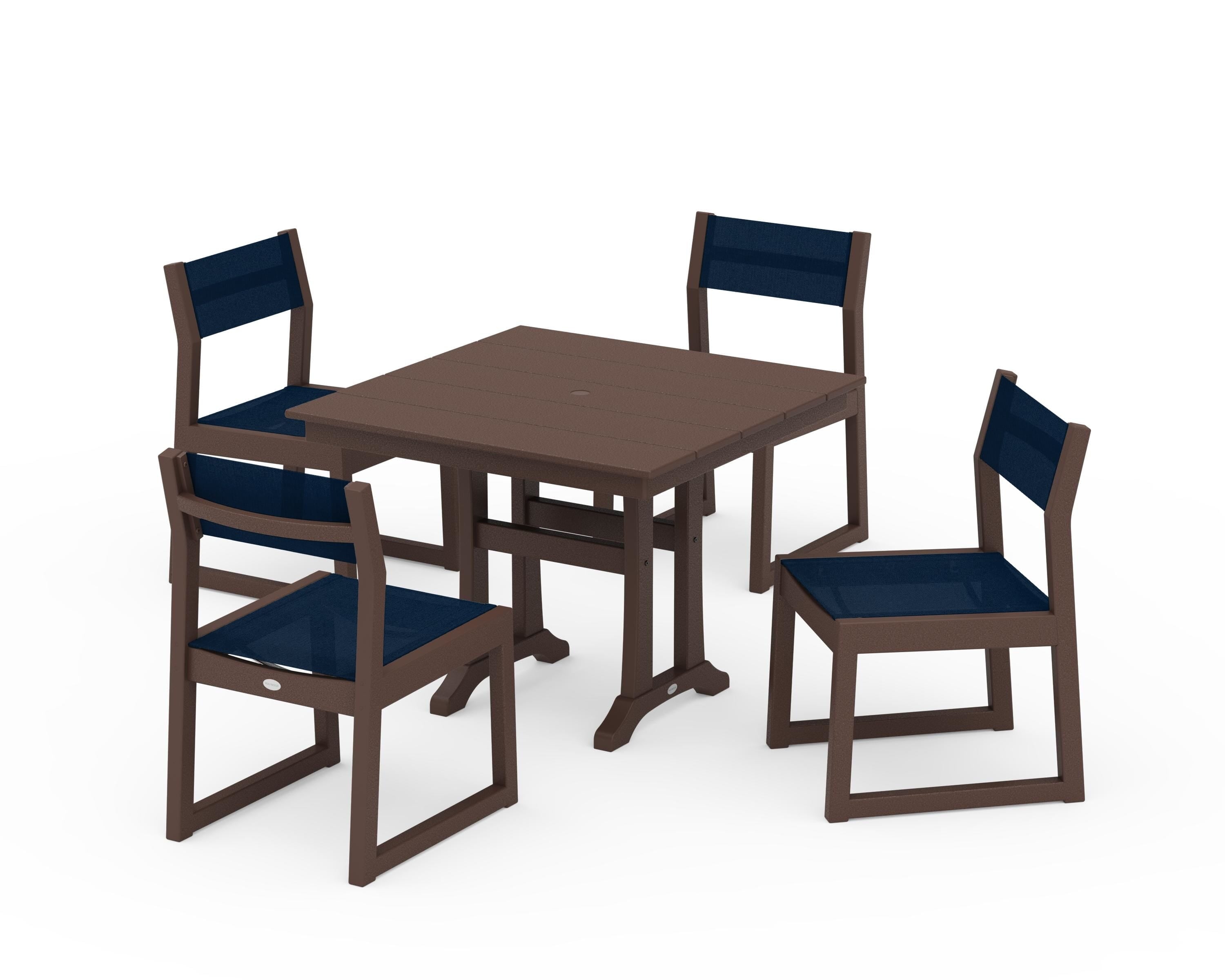 POLYWOOD EDGE Sling 5-Piece Farmhouse Trestle Side Chair Dining Set in Mahogany / Navy Blue Sling