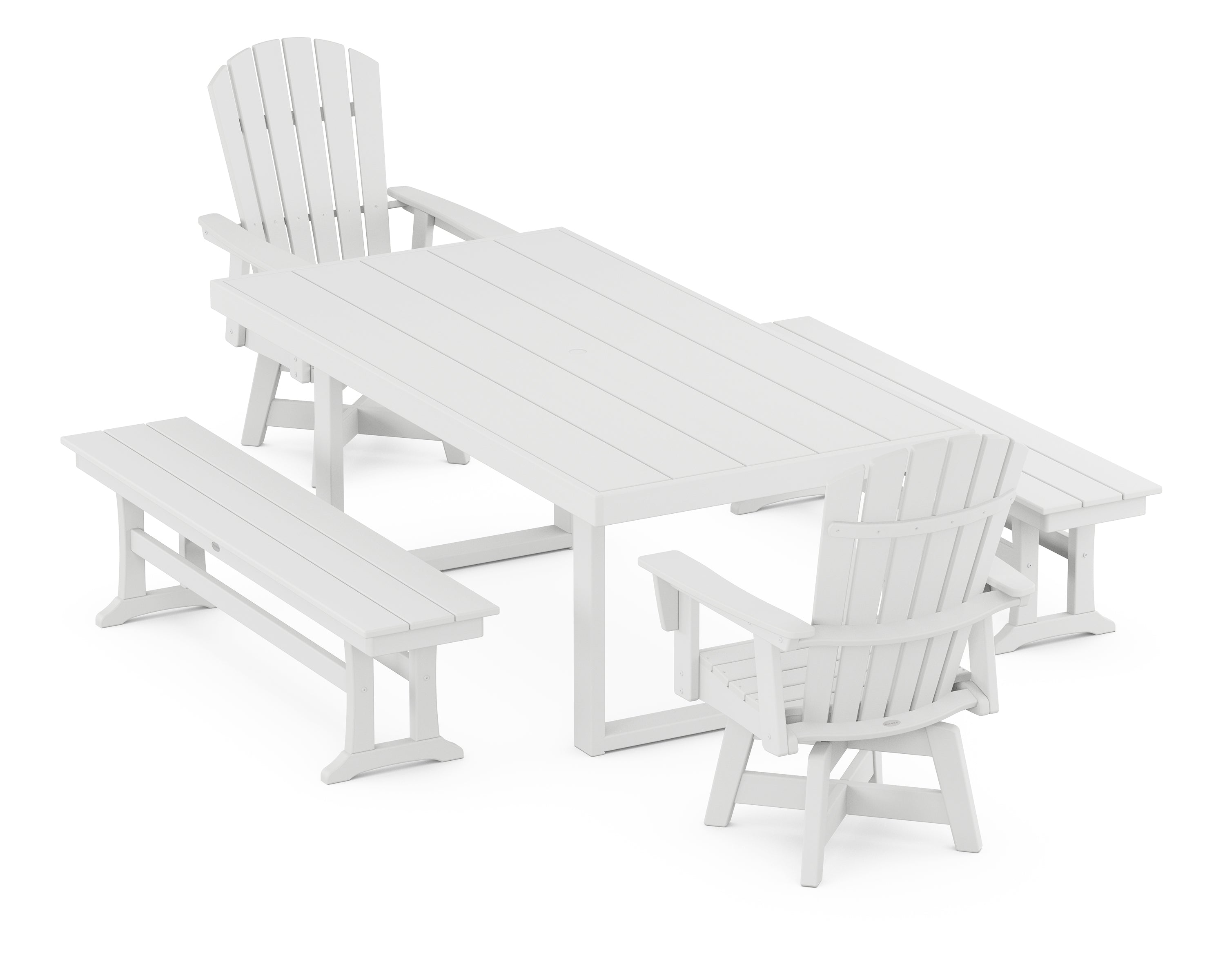 POLYWOOD® Nautical Curveback Adirondack Swivel Chair 5-Piece Dining Set with Benches in White