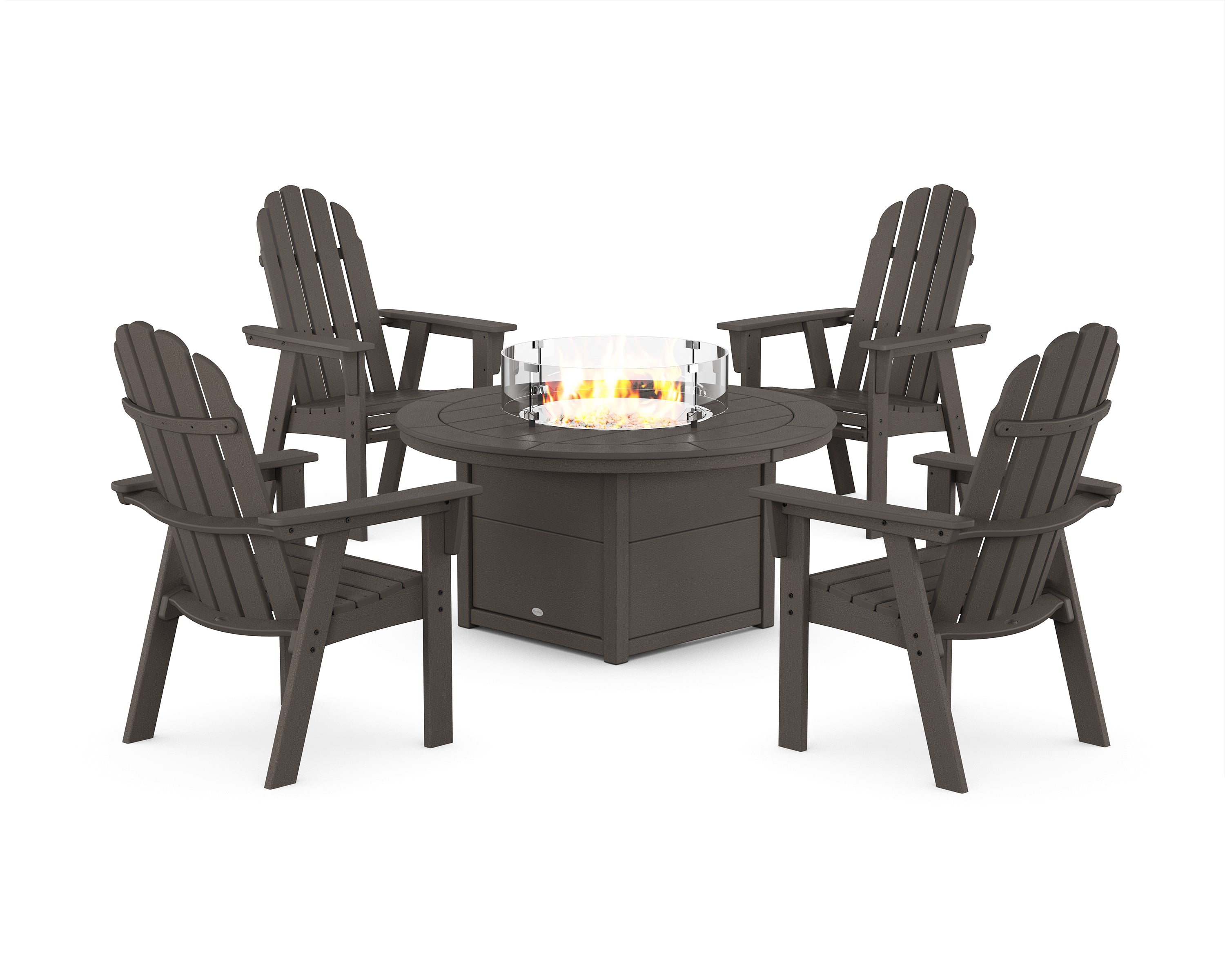 POLYWOOD Vineyard 4-Piece Curveback Upright Adirondack Conversation Set with Fire Pit Table in Vintage Coffee