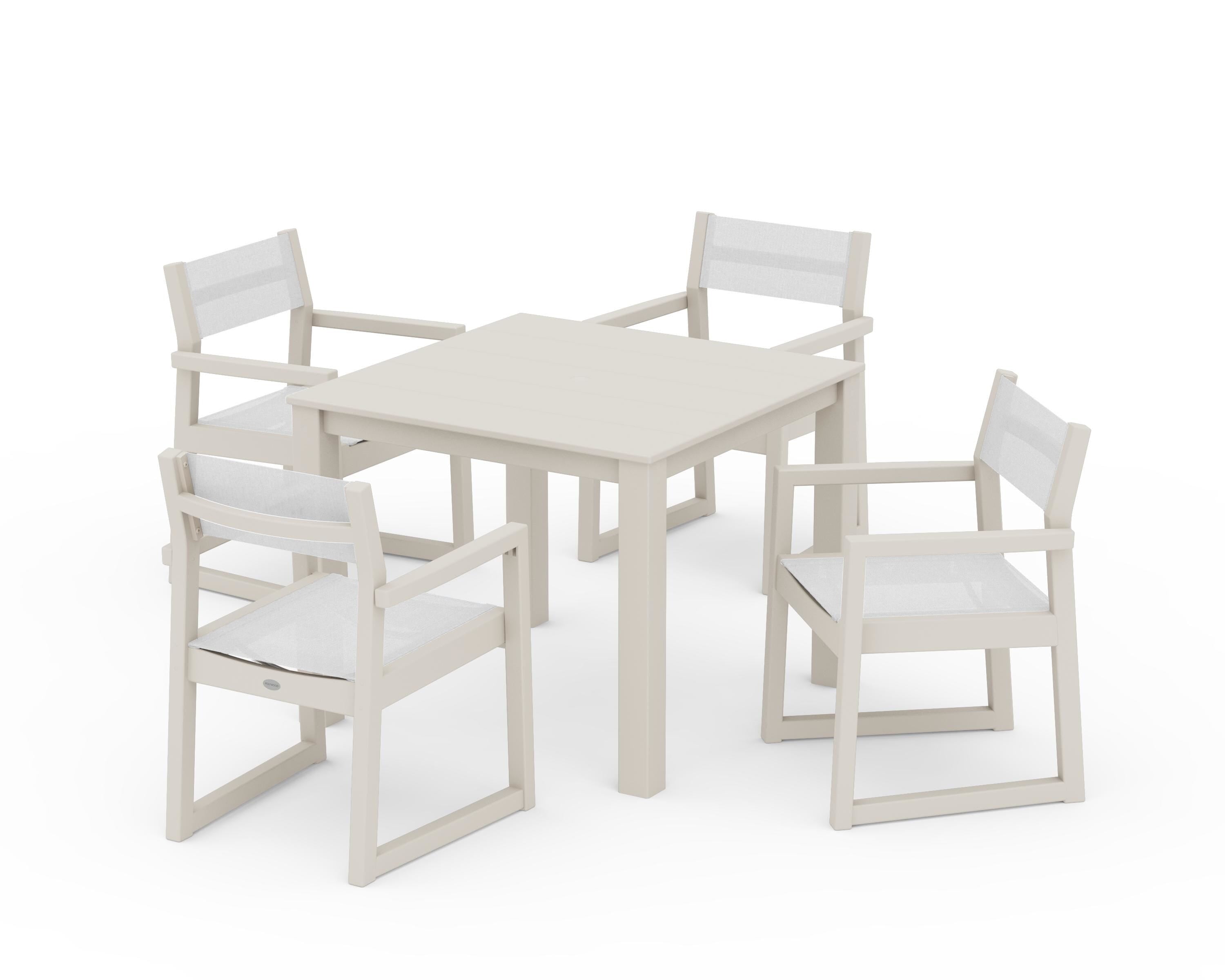 POLYWOOD EDGE Sling Arm Chair 5-Piece Parsons Dining Set in Sand / White Sling