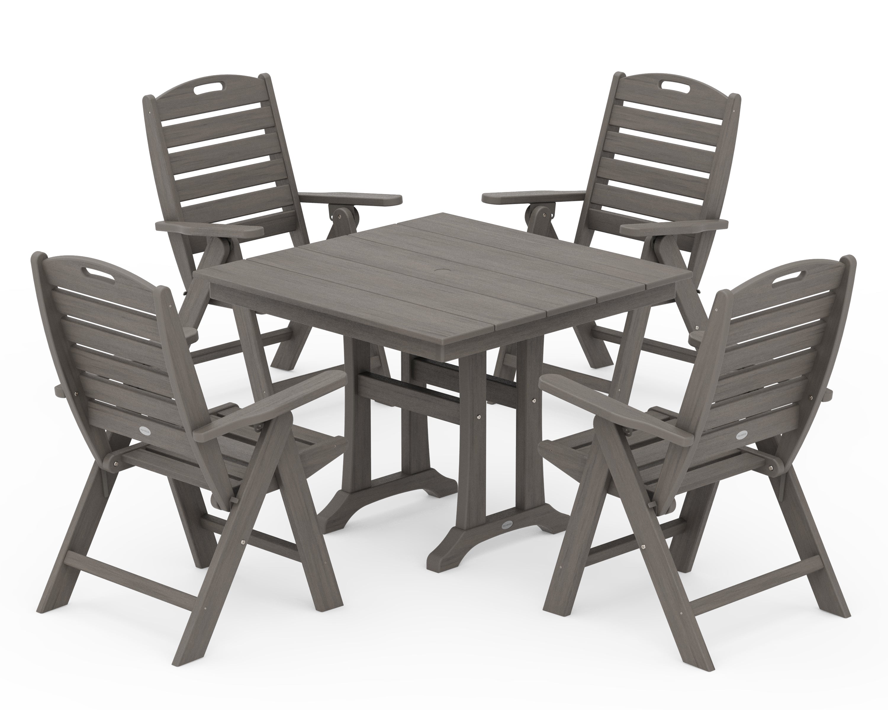 POLYWOOD Nautical Folding Highback Chair 5-Piece Farmhouse Trestle Dining Set in Driftwood