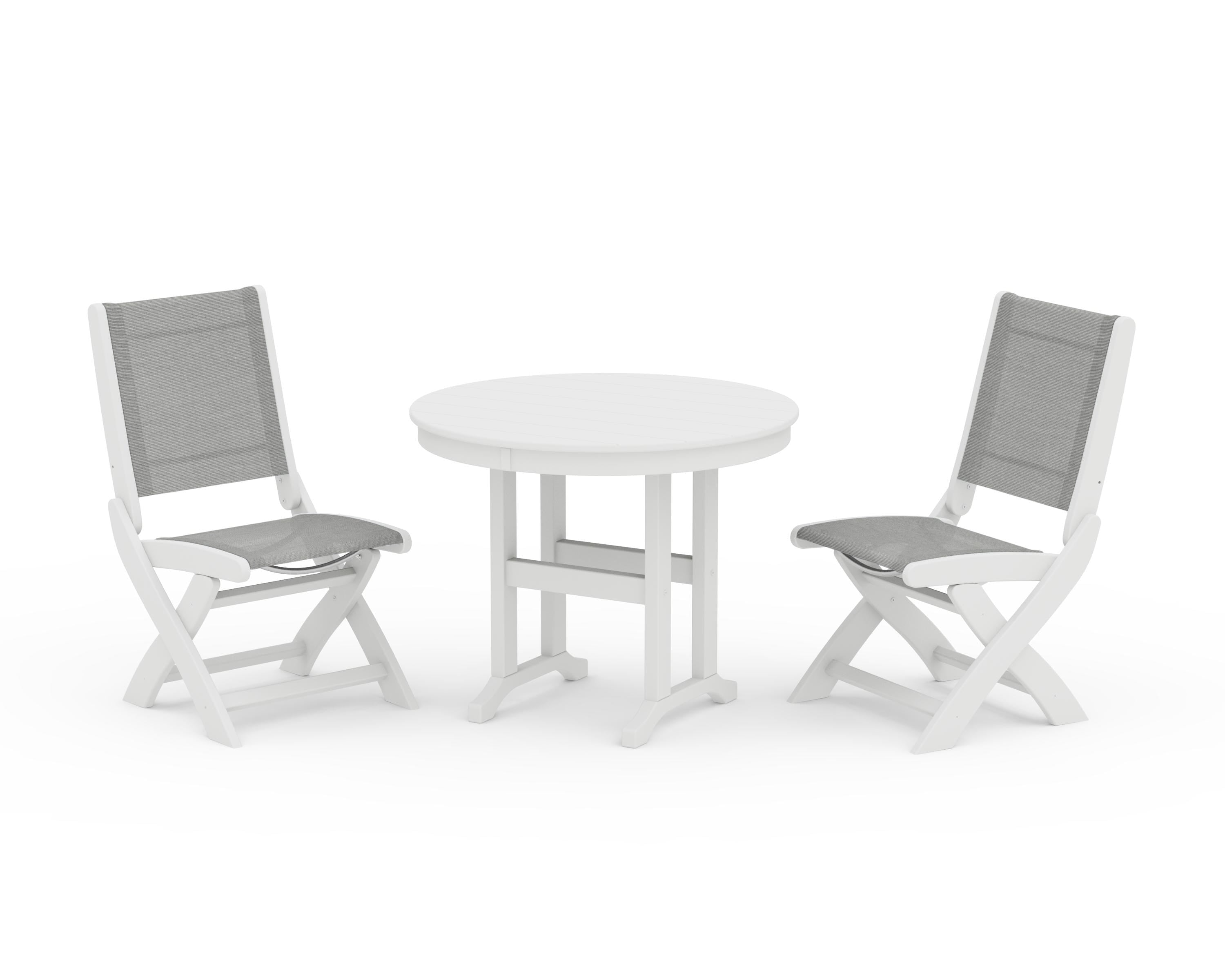 POLYWOOD Coastal Folding Side Chair 3-Piece Round Dining Set in White / Metallic Sling