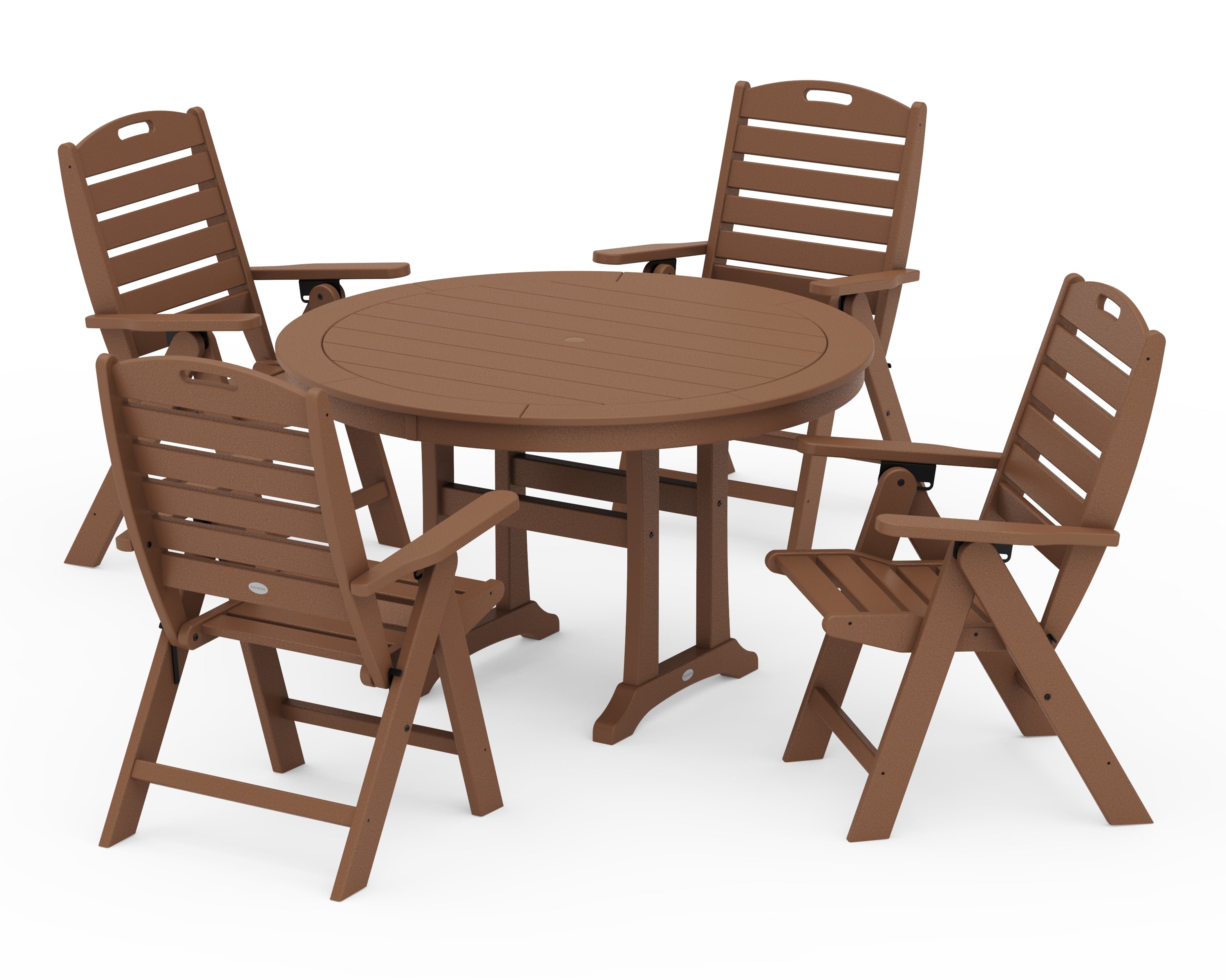 POLYWOOD Nautical Highback Chair 5-Piece Round Dining Set with Trestle Legs in Teak