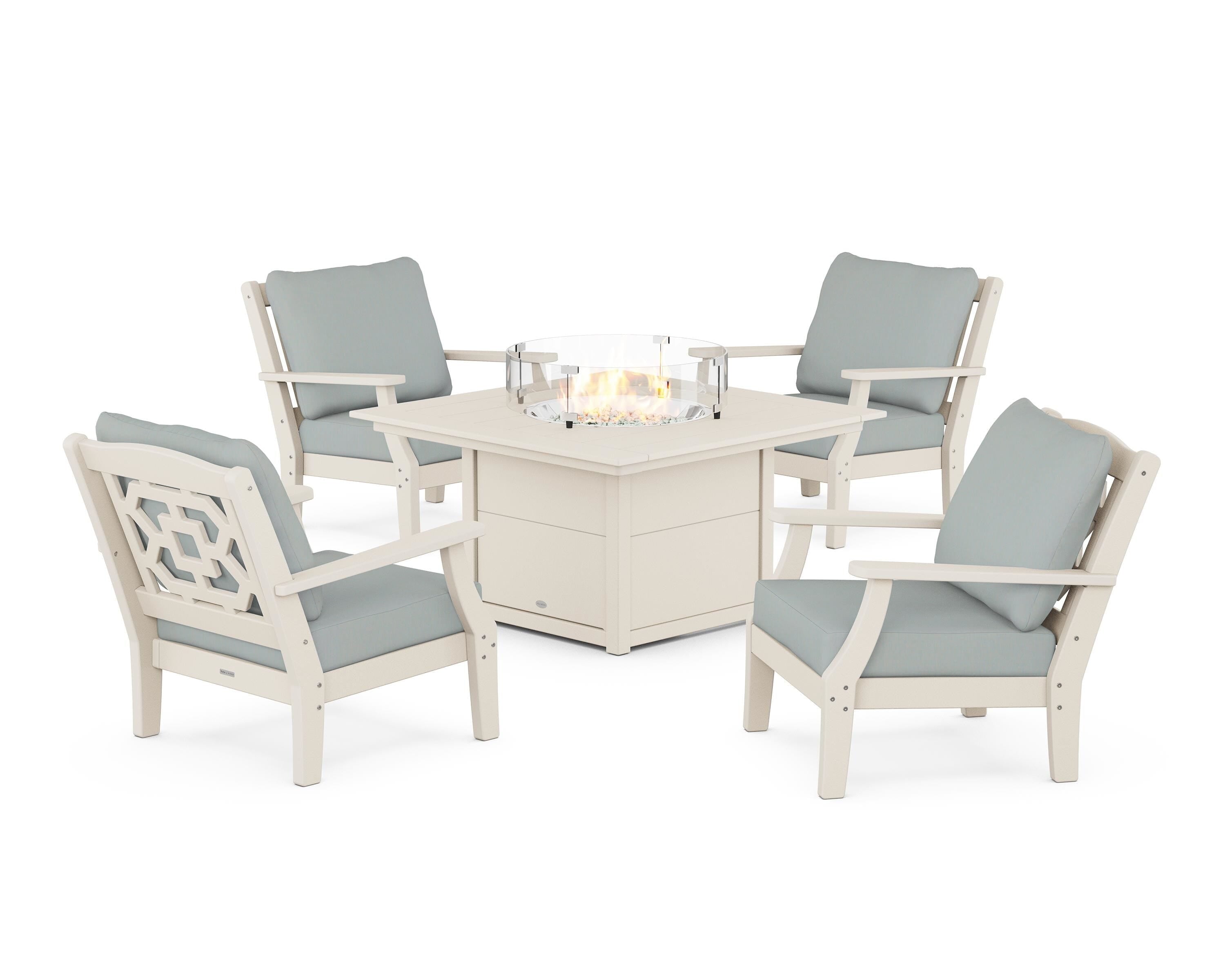 Martha Stewart by POLYWOOD Chinoiserie 5-Piece Deep Seating Set with Fire Pit Table in Sand / Spa
