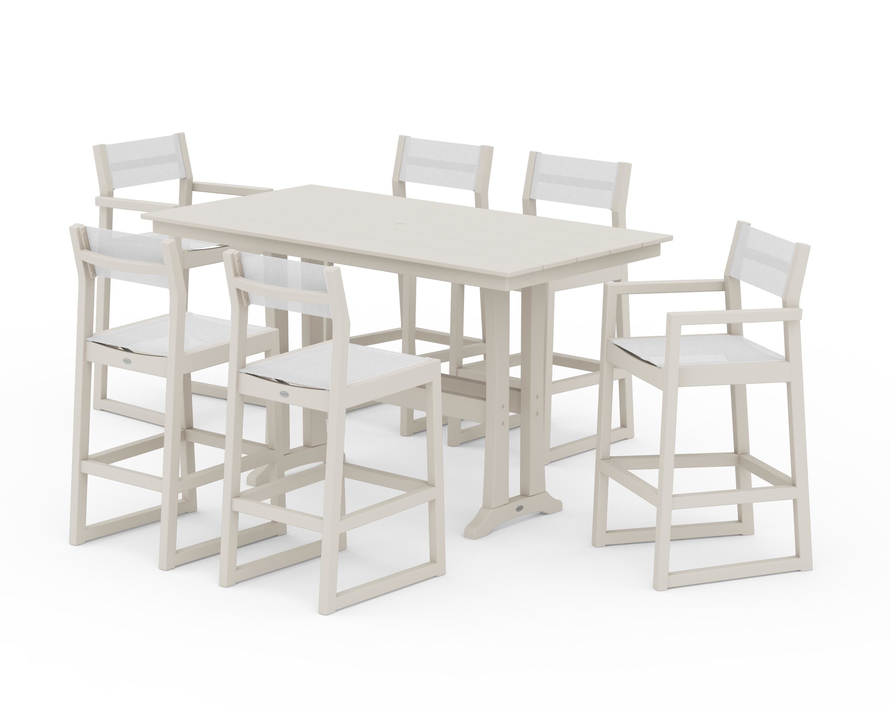 POLYWOOD EDGE Sling 7-Piece Farmhouse Bar Set with Trestle Legs in Sand / White Sling