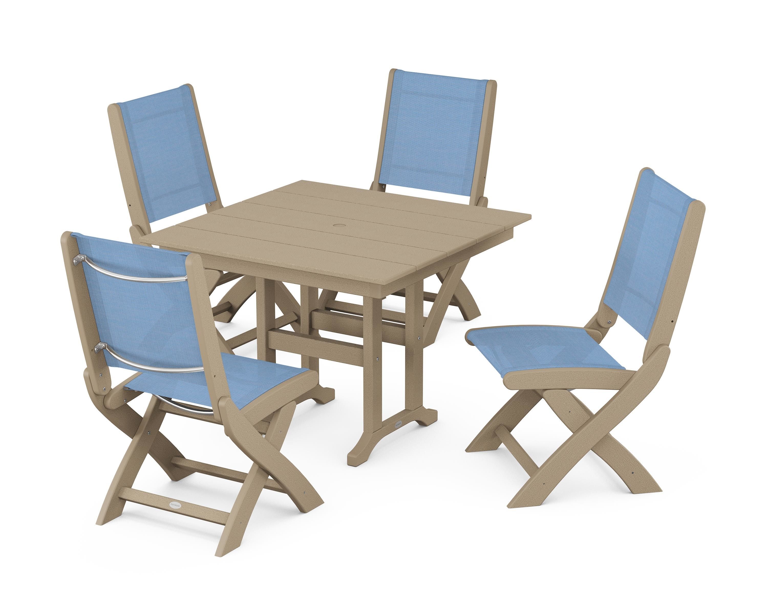 POLYWOOD Coastal Folding Side Chair 5-Piece Farmhouse Dining Set in Vintage Sahara / Poolside Sling