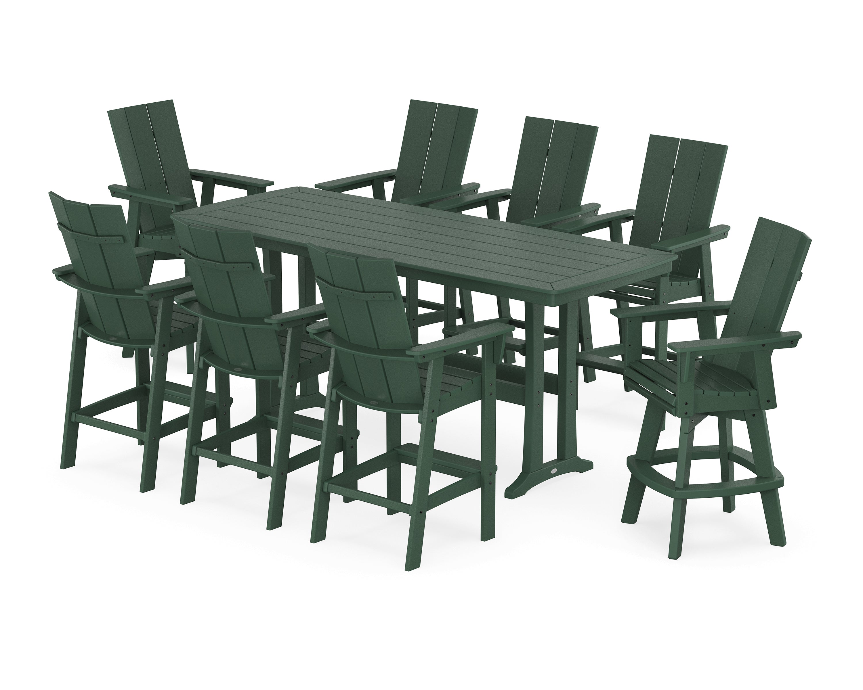 POLYWOOD® Modern Curveback Adirondack Swivel 9-Piece Bar Set with Trestle Legs in Green