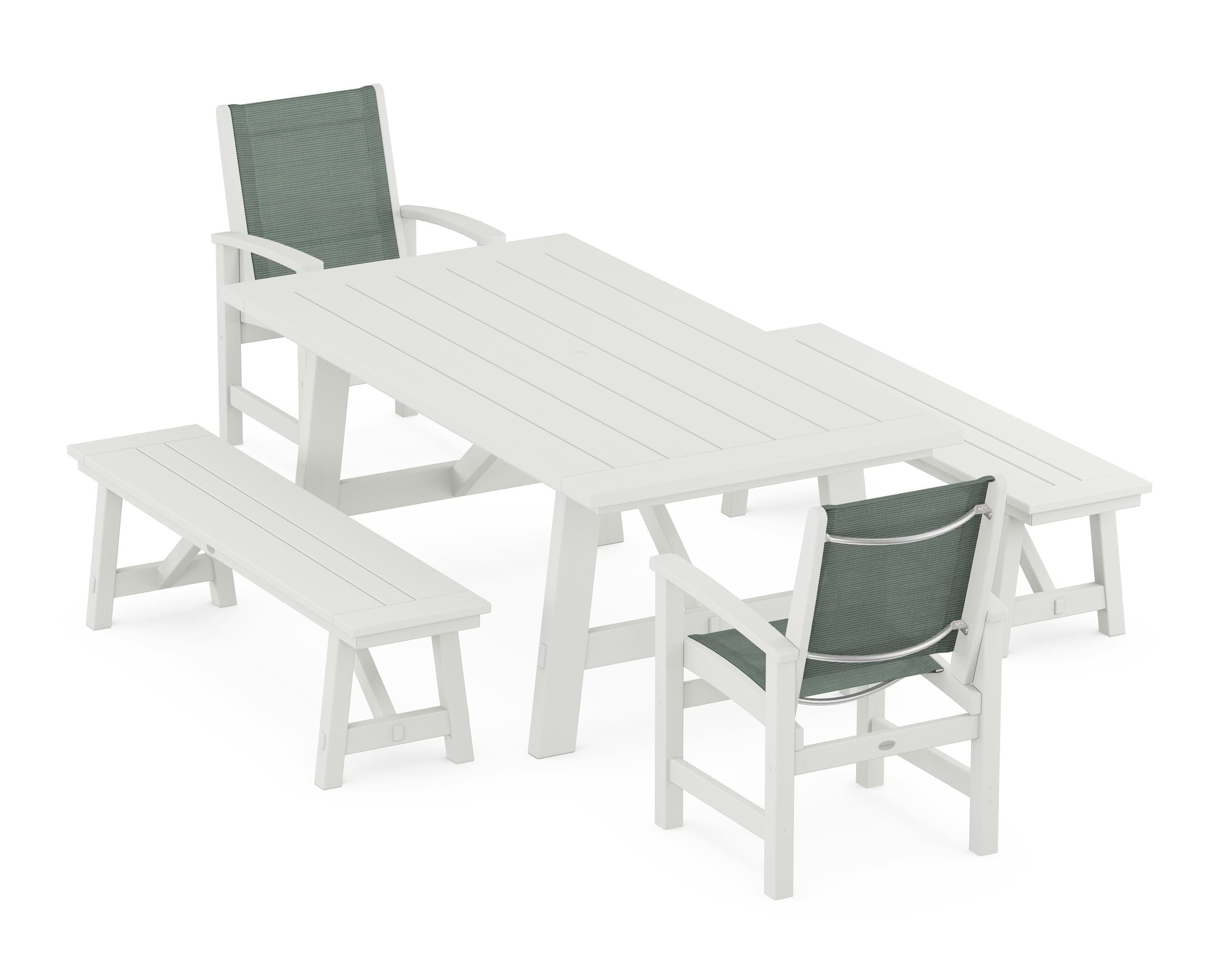 POLYWOOD Coastal 5-Piece Rustic Farmhouse Dining Set With Benches in Vintage White / Dupioni Sea Mist Sling