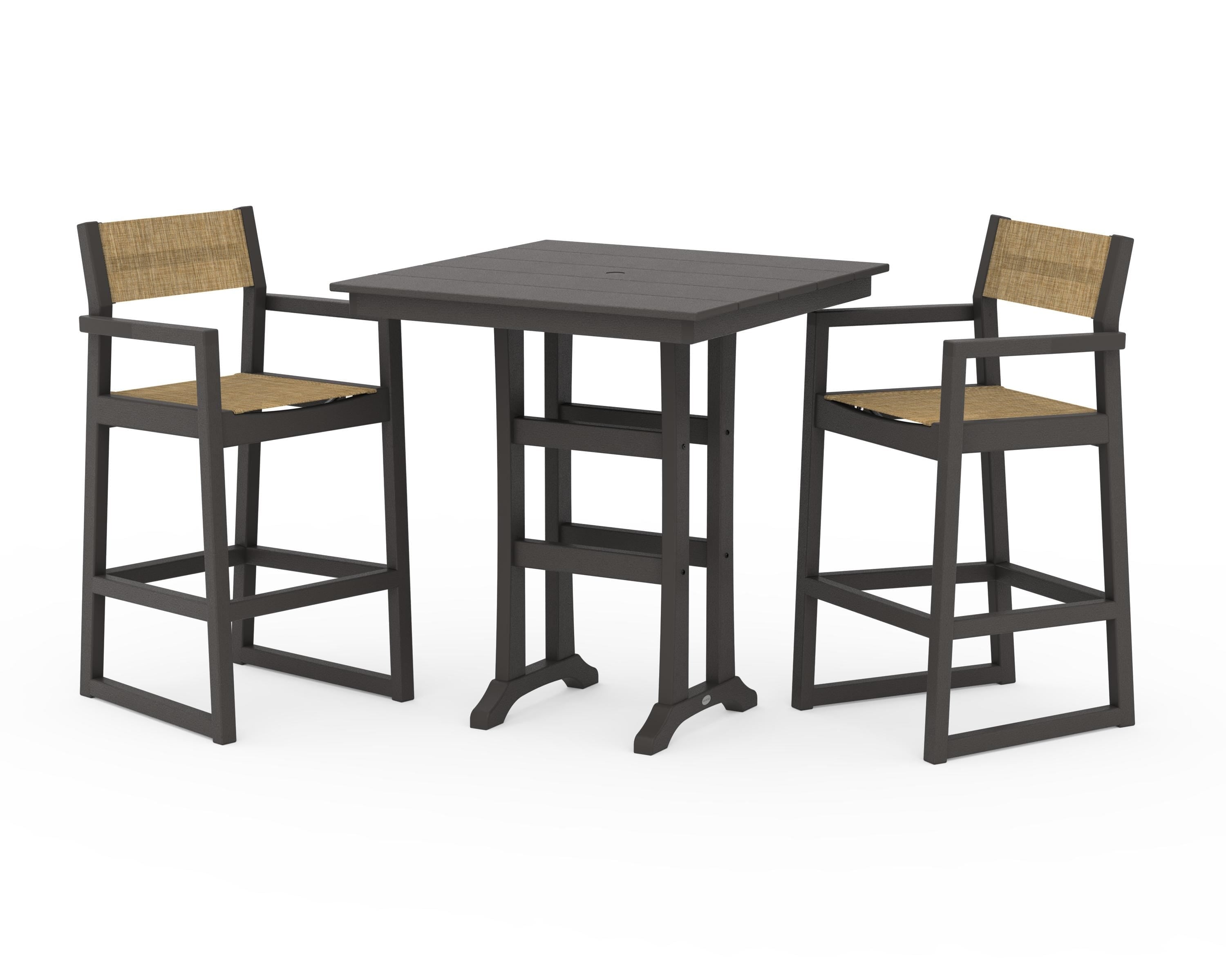 POLYWOOD EDGE Sling Arm Chair 3-Piece Farmhouse Bar Set with Trestle Legs in Vintage Coffee / Burlap Sling