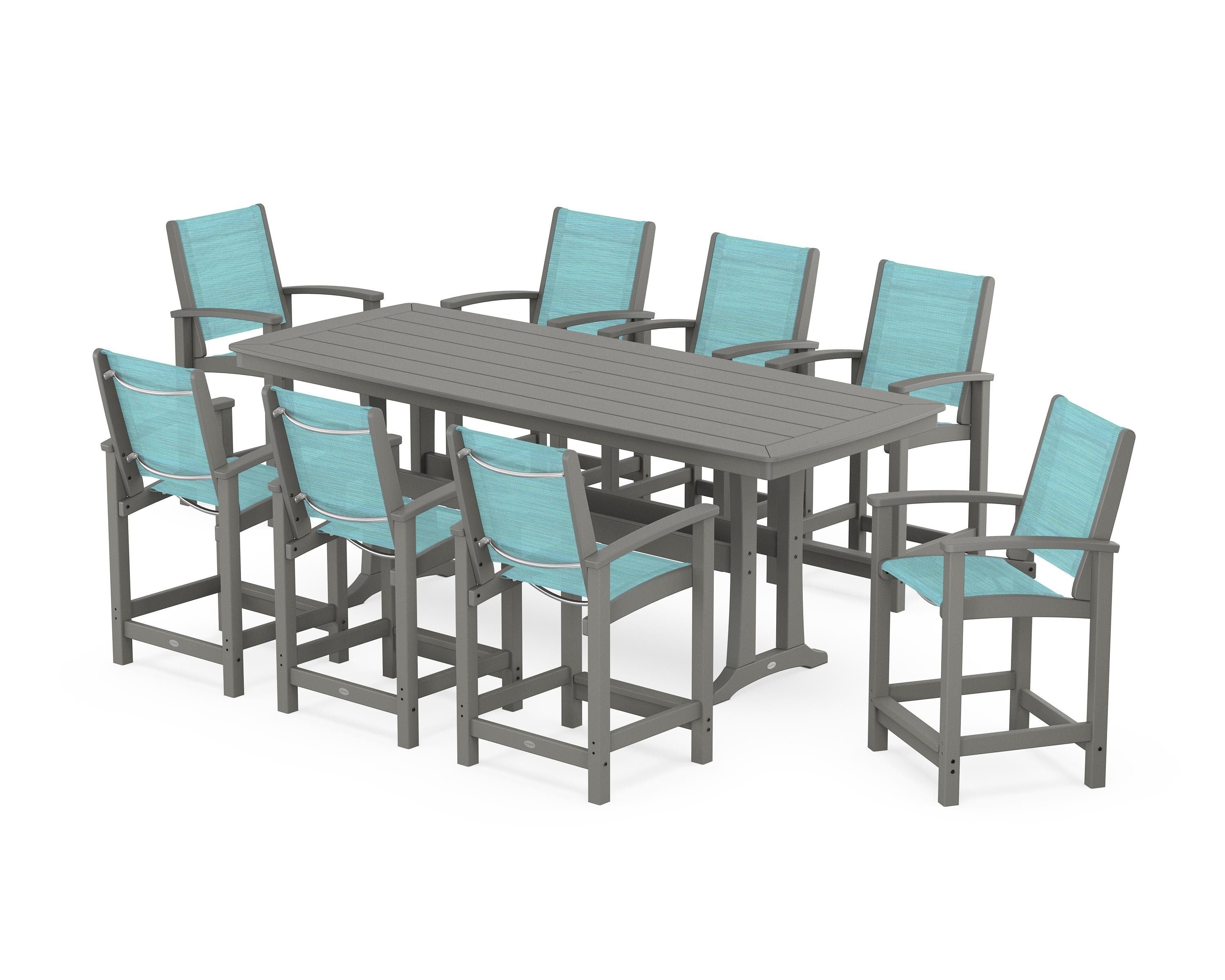 POLYWOOD Coastal 9-Piece Counter Set with Trestle Legs in Slate Grey / Dupioni Aquamarine Sling