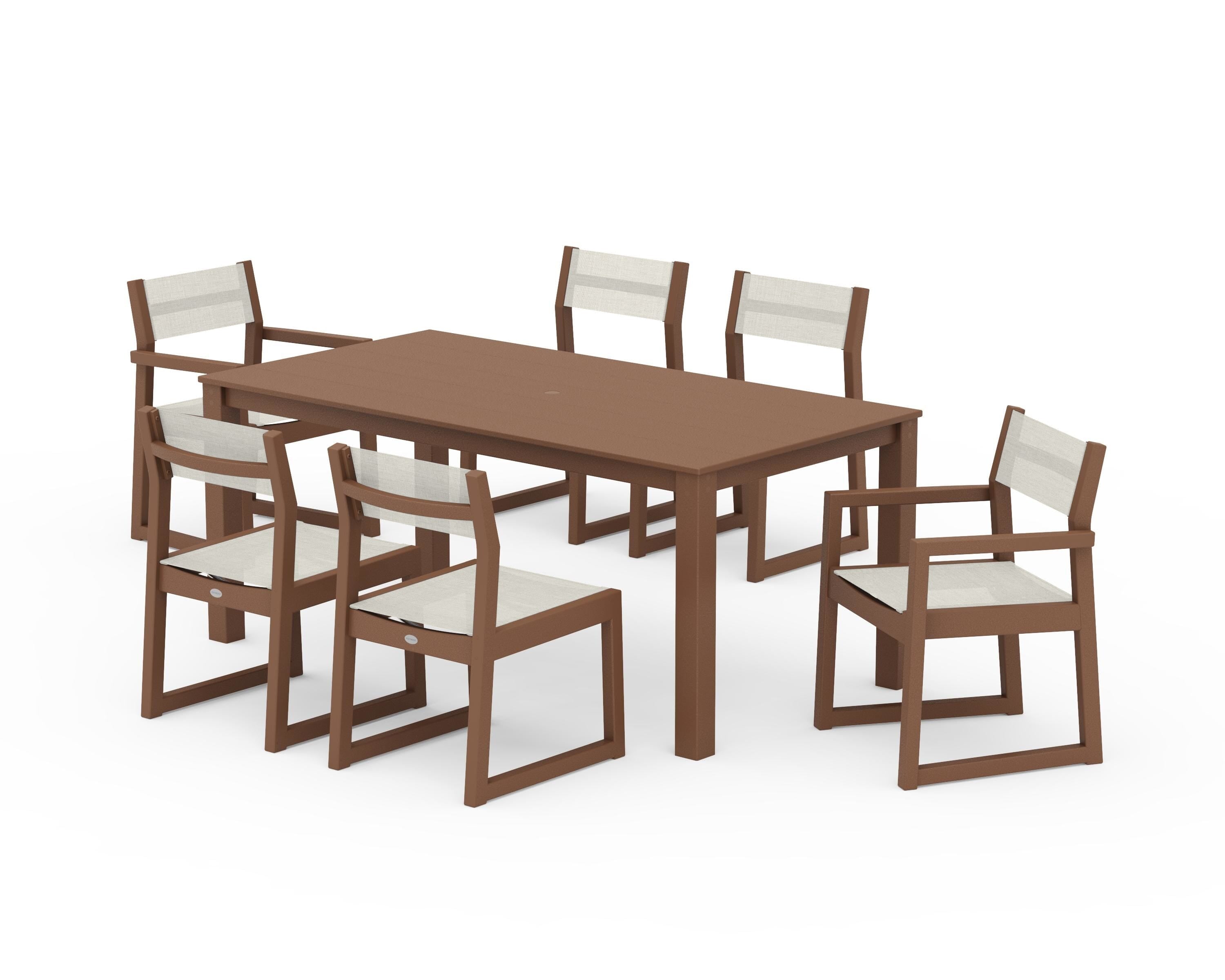 POLYWOOD EDGE Sling 7-Piece Parsons Dining Set in Teak / Parchment Sling