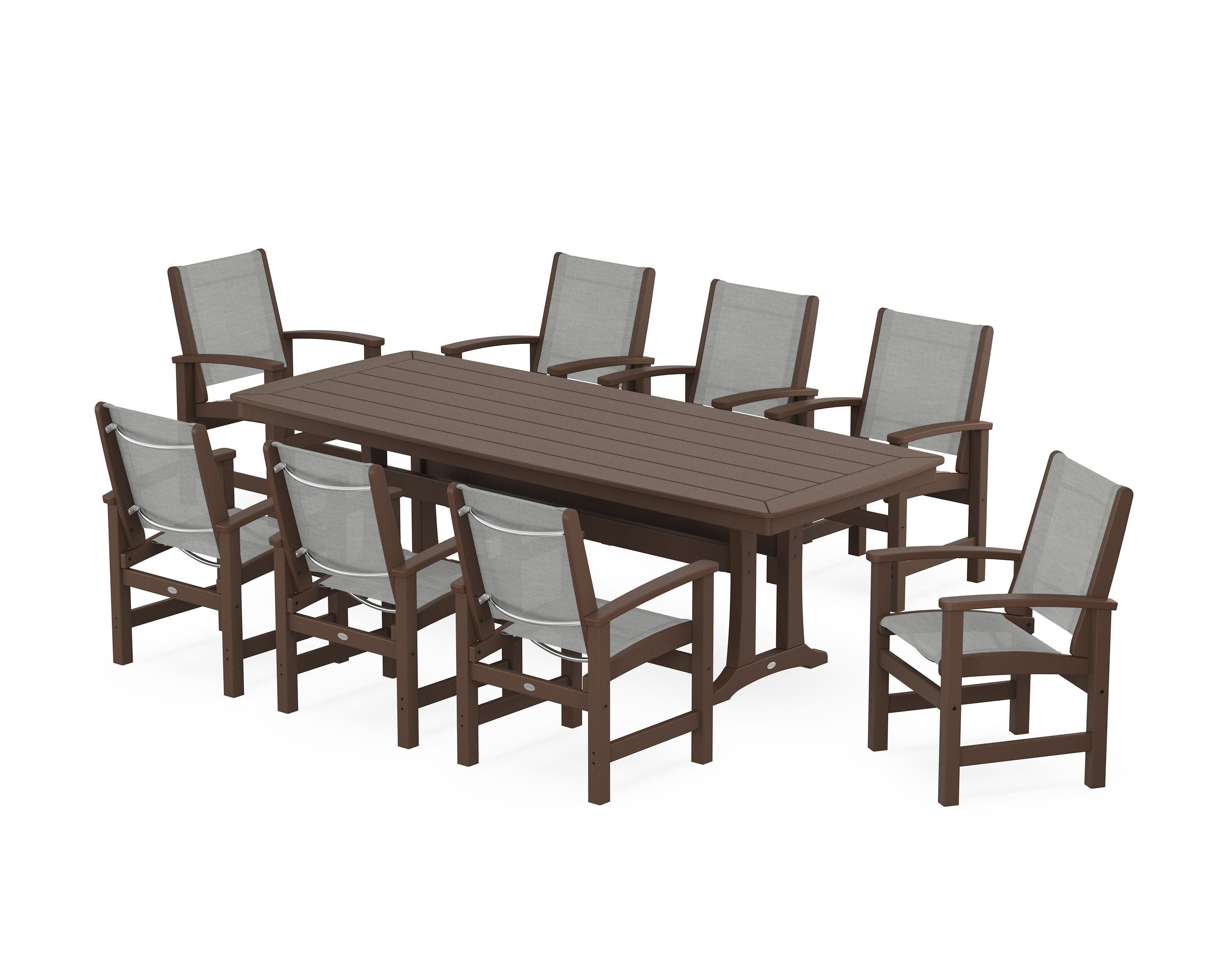 POLYWOOD Coastal 9-Piece Dining Set with Trestle Legs in Mahogany / Metallic Sling