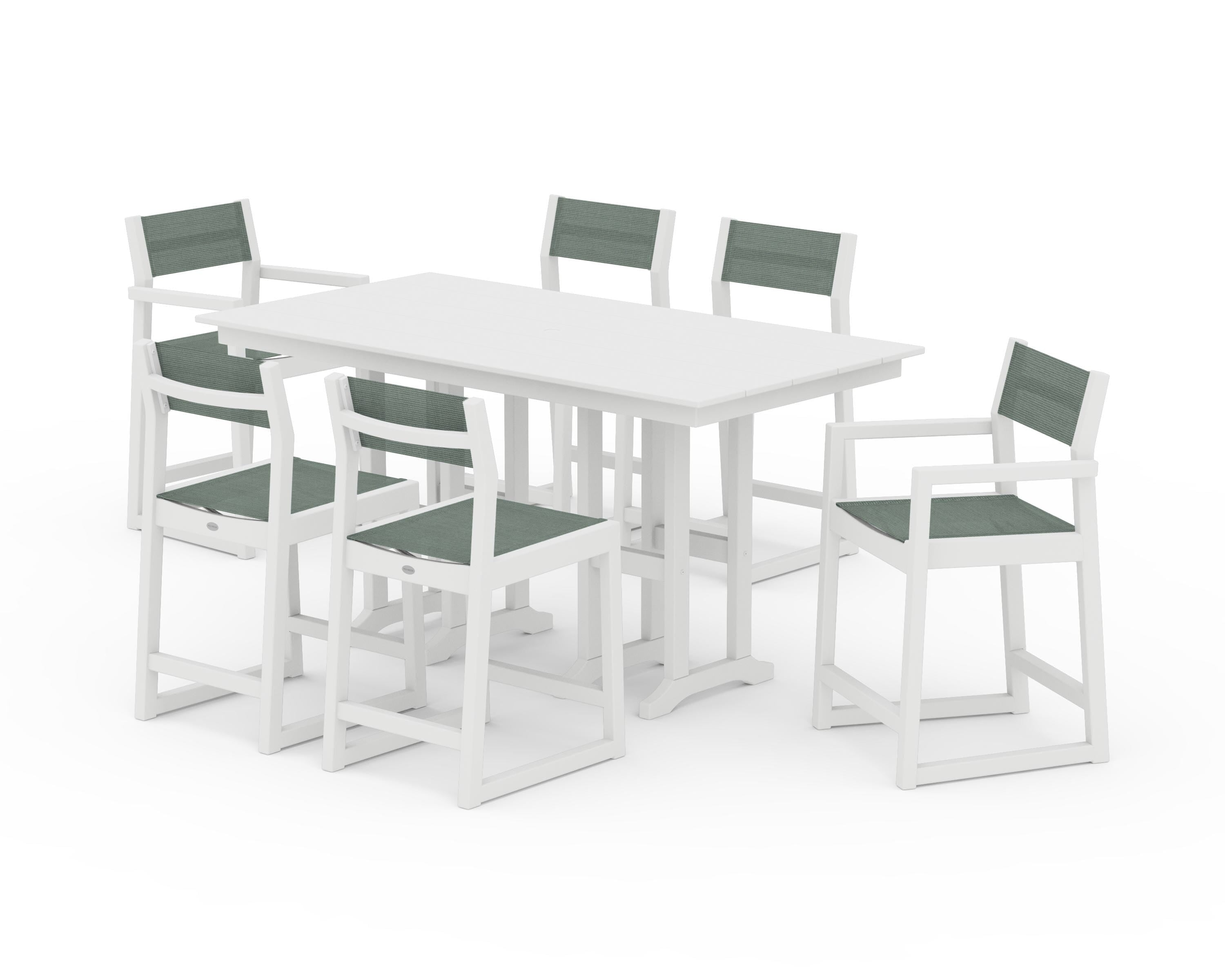POLYWOOD EDGE Sling 7-Piece Farmhouse Counter Set in White / Dupioni Sea Mist Sling