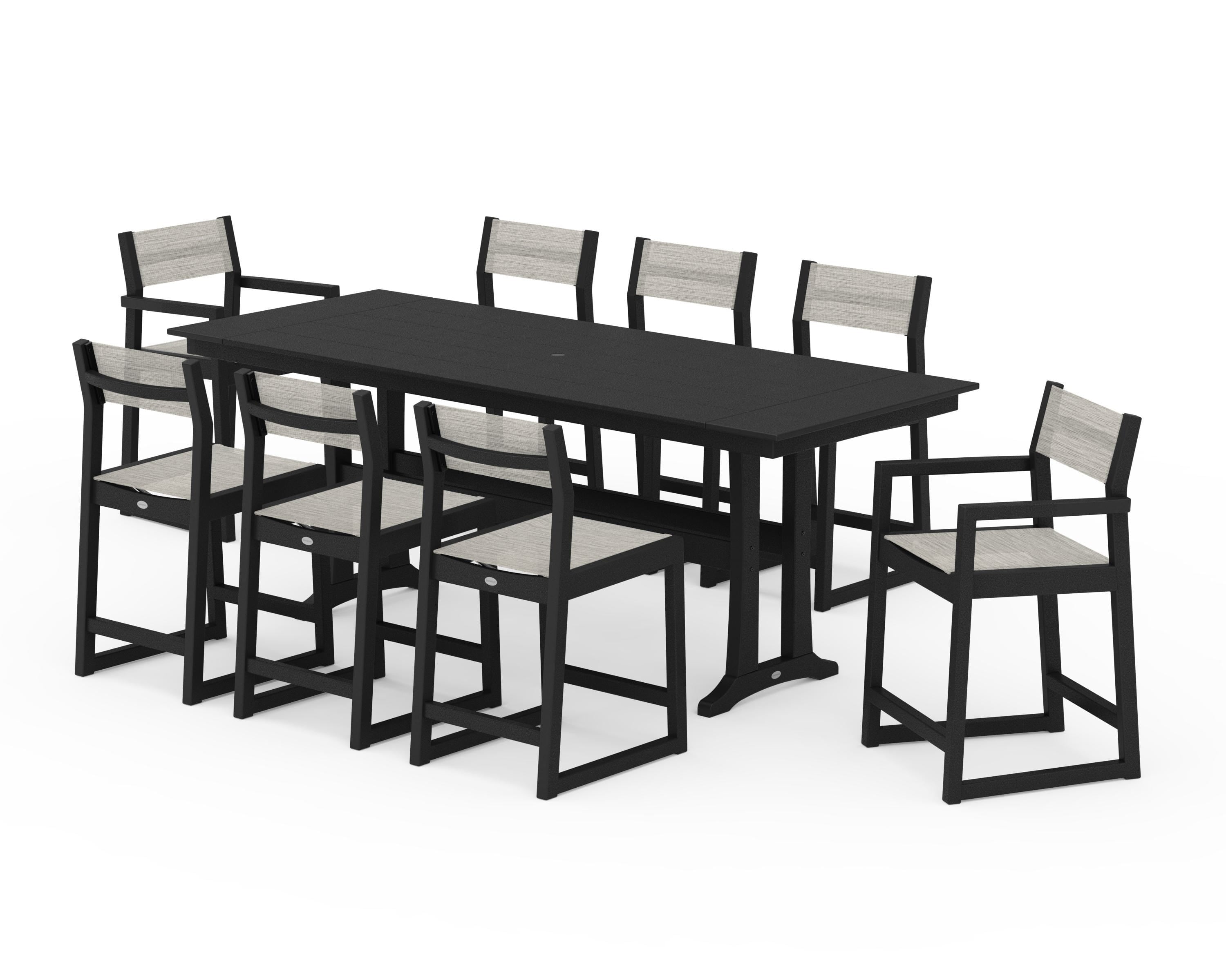POLYWOOD EDGE Sling 9-Piece Farmhouse Counter Set with Trestle Legs in Black / Birch Sling