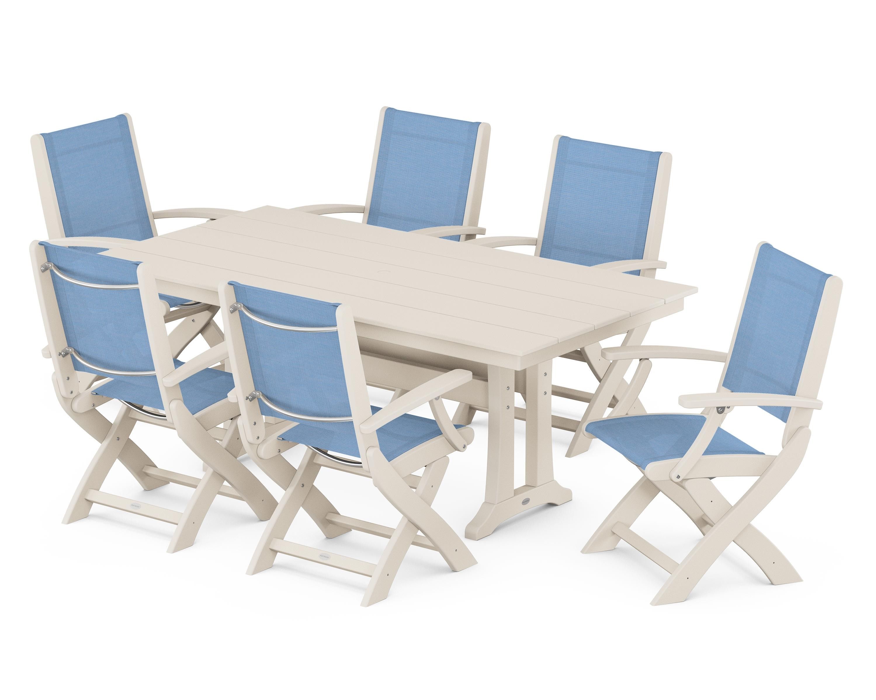 POLYWOOD Coastal Folding Arm Chair 7-Piece Farmhouse Dining Set with Trestle Legs in Sand / Poolside Sling