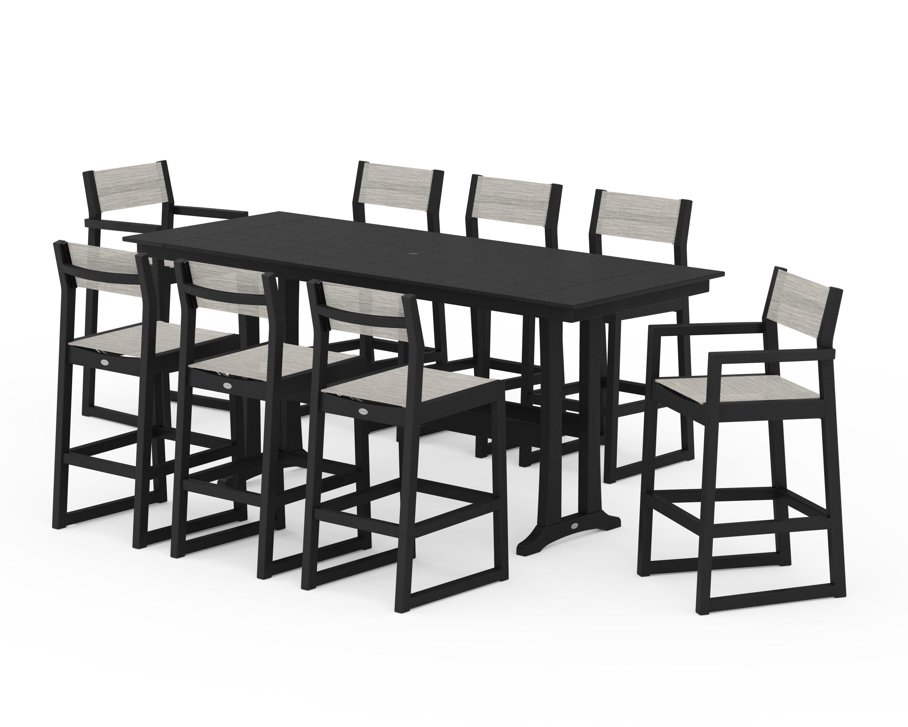 POLYWOOD EDGE Sling 9-Piece Farmhouse Bar Set with Trestle Legs in Black / Birch Sling