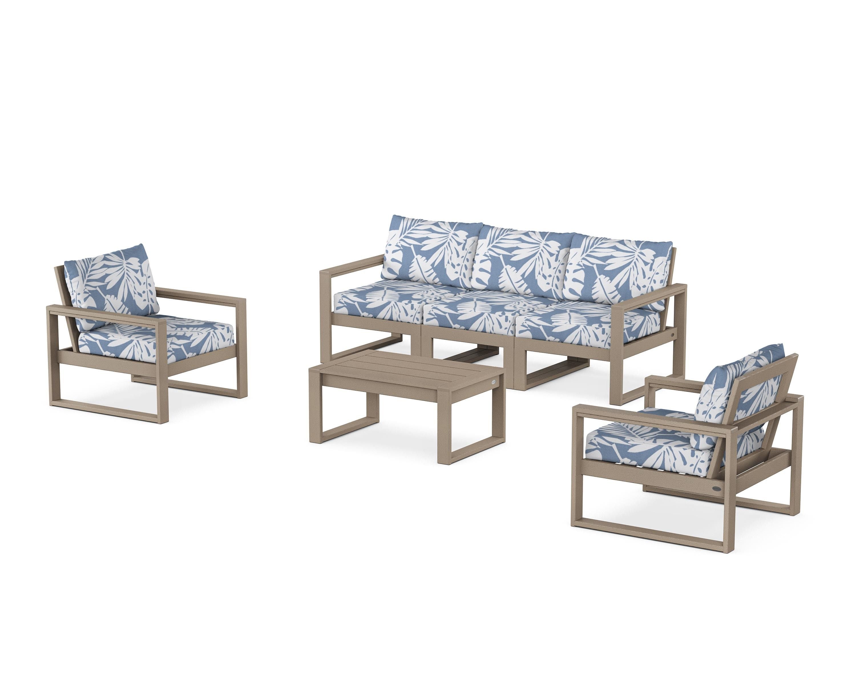 POLYWOOD EDGE Sectional 4-Piece Deep Seating Set with Sofa in Vintage Sahara / Leaf Sky Blue