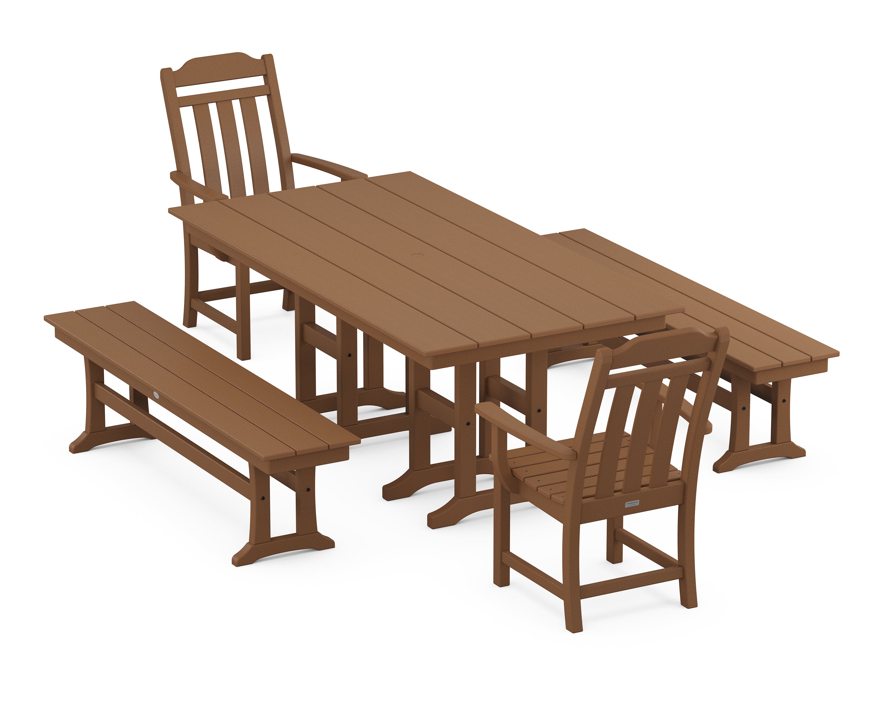 Polywood Country Living 5-Piece Farmhouse Dining Set with Benches in Teak