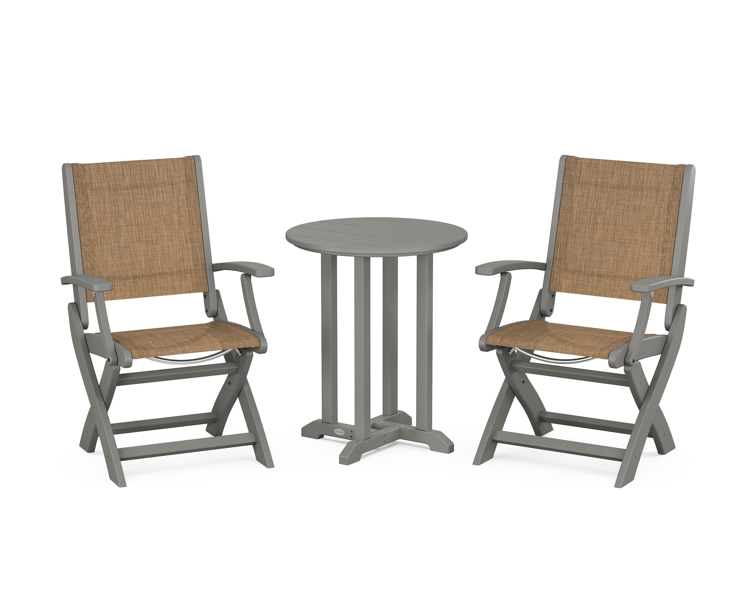 POLYWOOD Coastal Folding 3-Piece Round Bistro Dining Set in Slate Grey / Burlap Sling