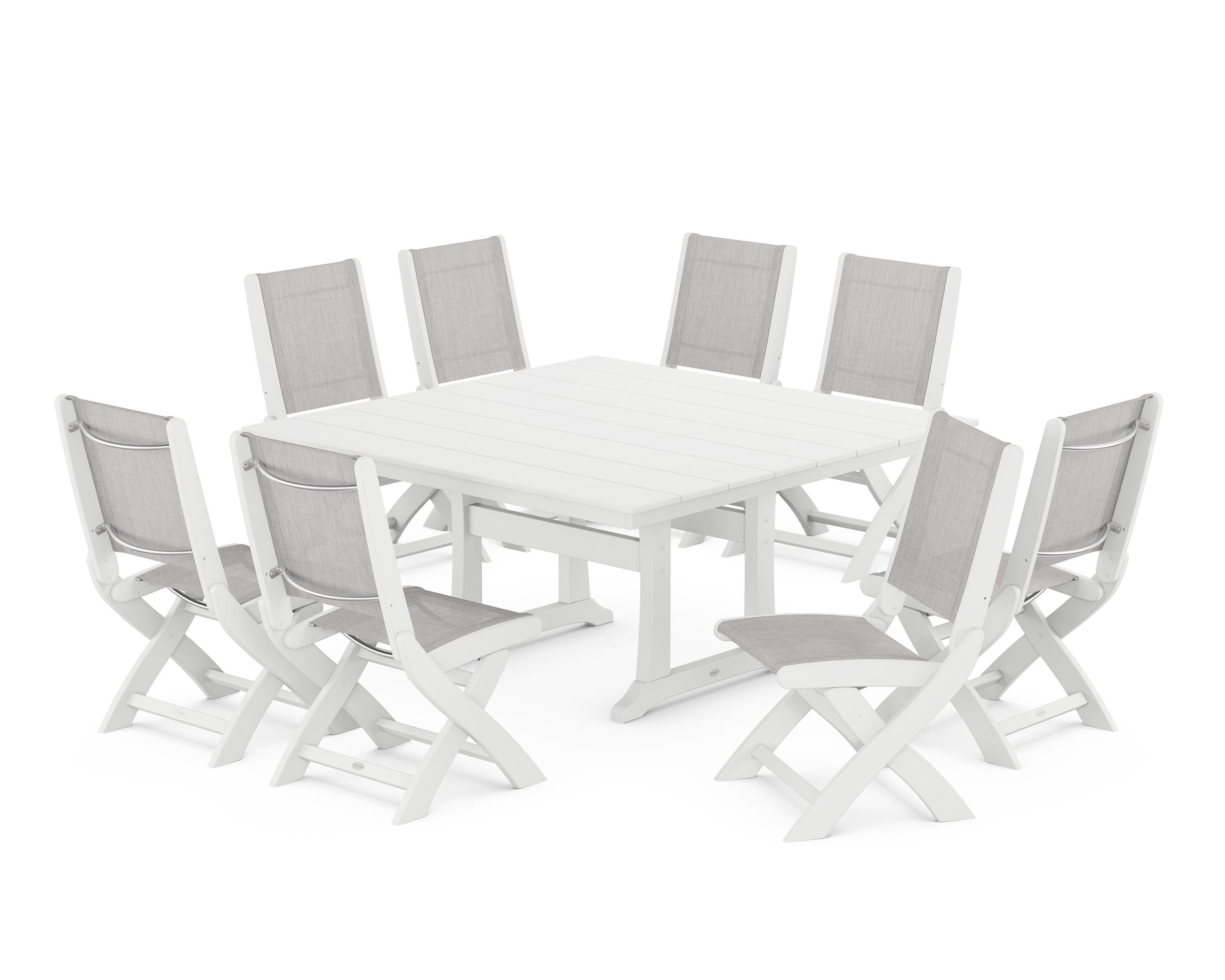 POLYWOOD Coastal Folding Side Chair 9-Piece Farmhouse Dining Set in White / Parchment Sling