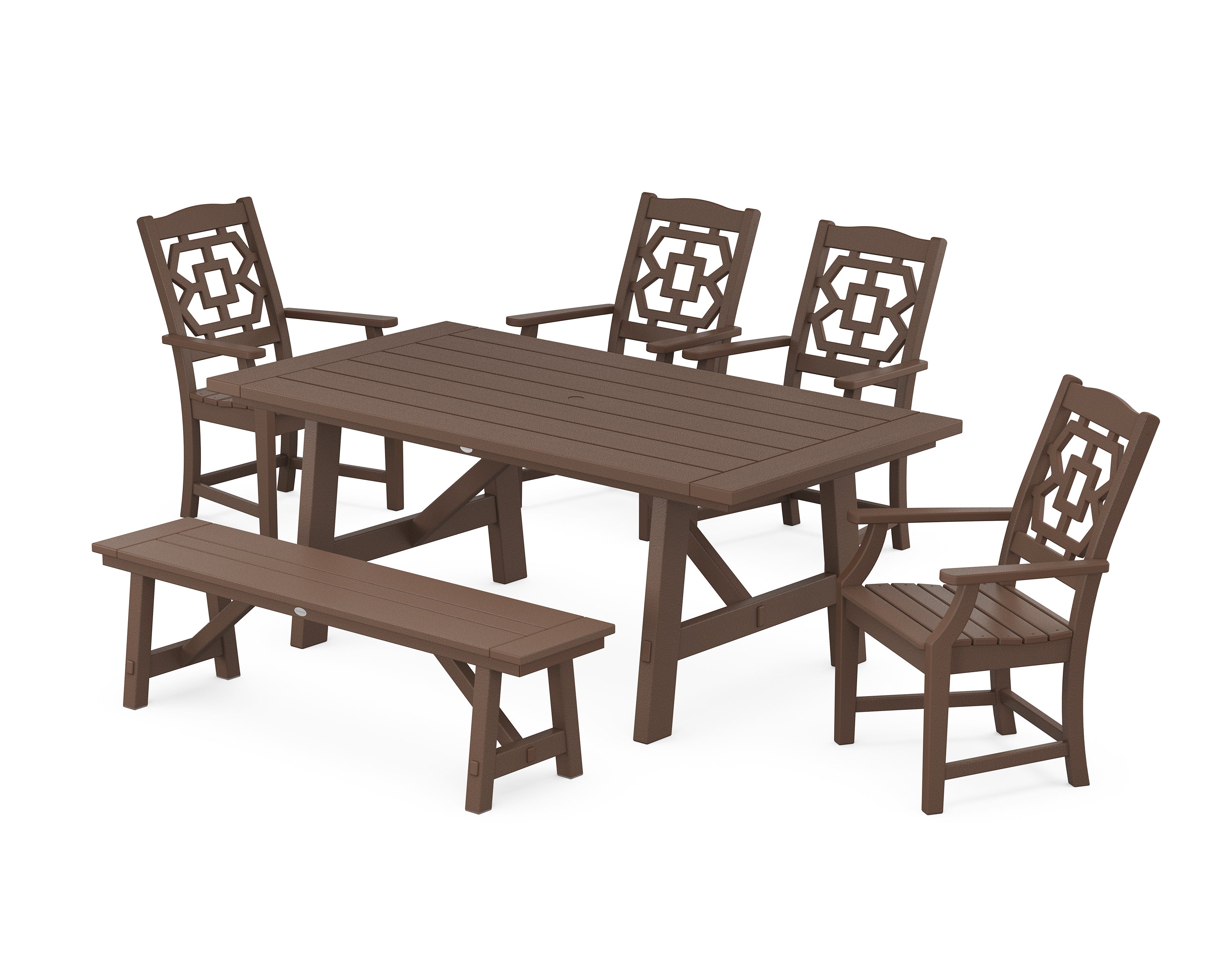Martha Stewart by POLYWOOD® Chinoiserie 6-Piece Rustic Farmhouse Dining Set with Bench in Mahogany