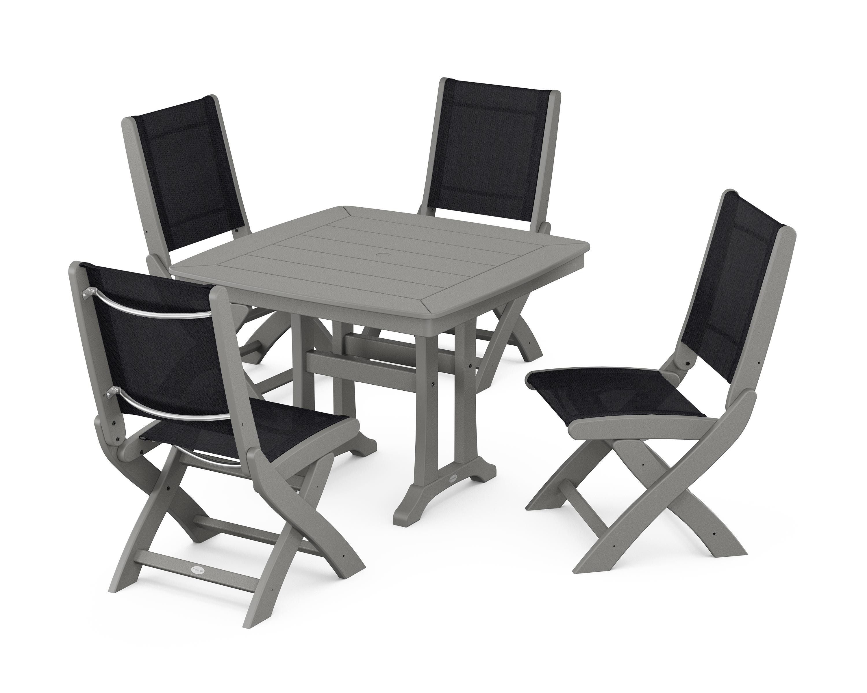 POLYWOOD Coastal Folding Side Chair 5-Piece Dining Set with Trestle Legs in Slate Grey / Black Sling