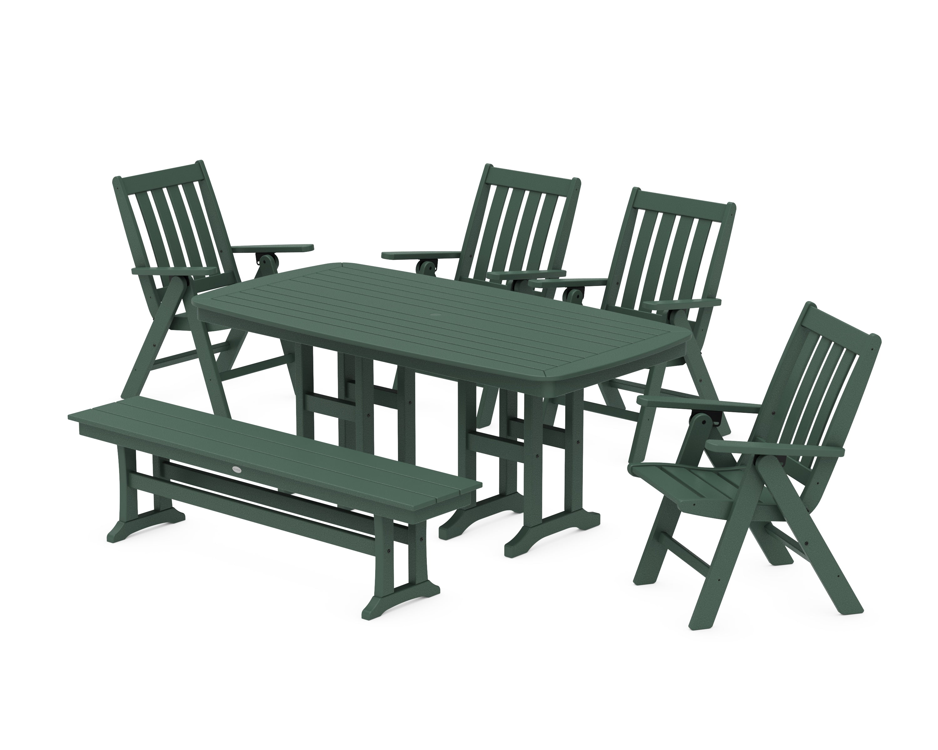 POLYWOOD Vineyard Folding Chair 6-Piece Dining Set with Bench in Green
