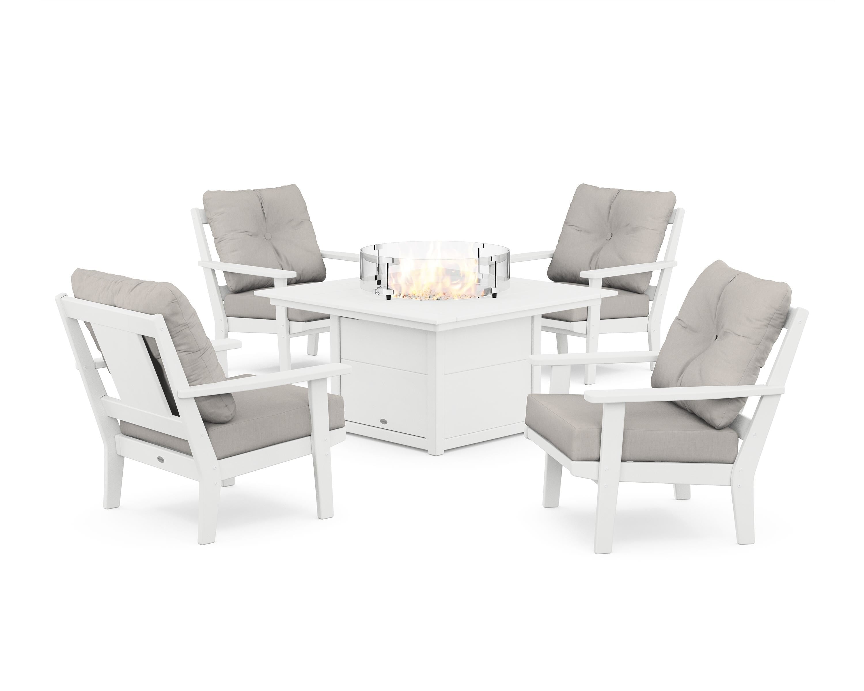 POLYWOOD Prairie 5-Piece Deep Seating Set with Fire Pit Table in White / Cast Ash