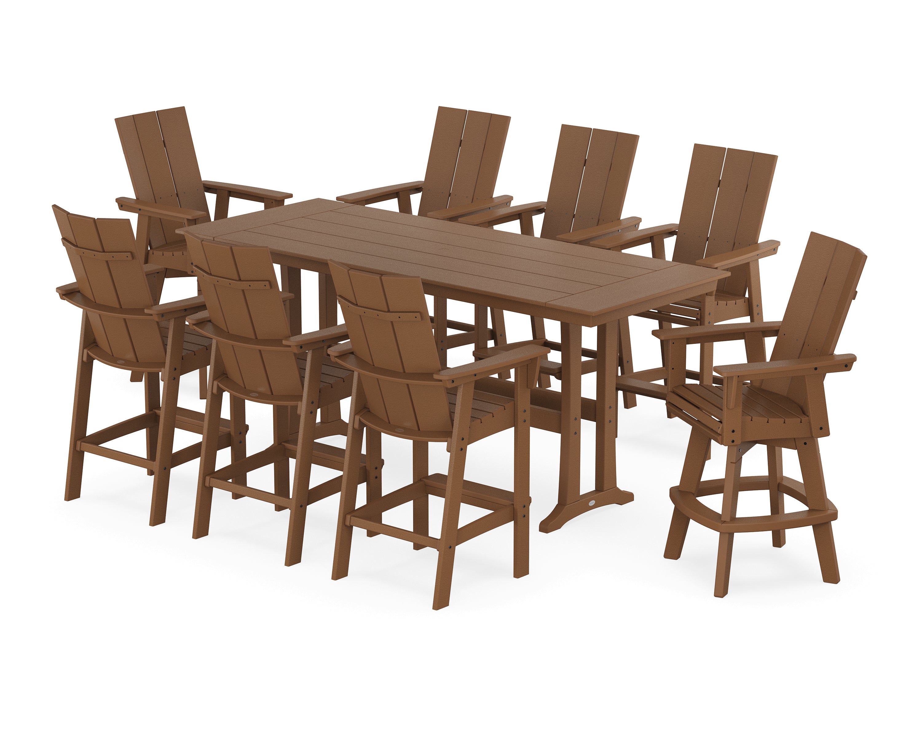 POLYWOOD® Modern Curveback Adirondack Swivel 9-Piece Farmhouse Bar Set with Trestle Legs in Teak