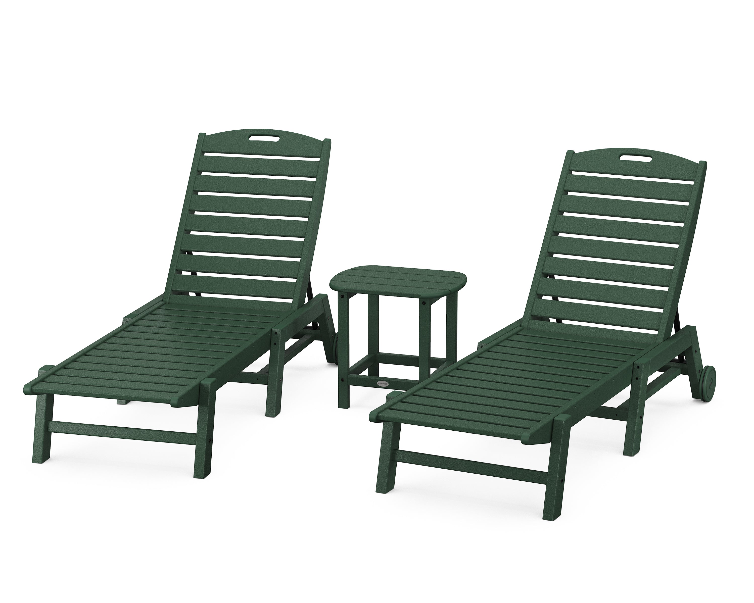 POLYWOOD Nautical 3-Piece Chaise Lounge with Wheels Set with South Beach 18" Side Table in Green