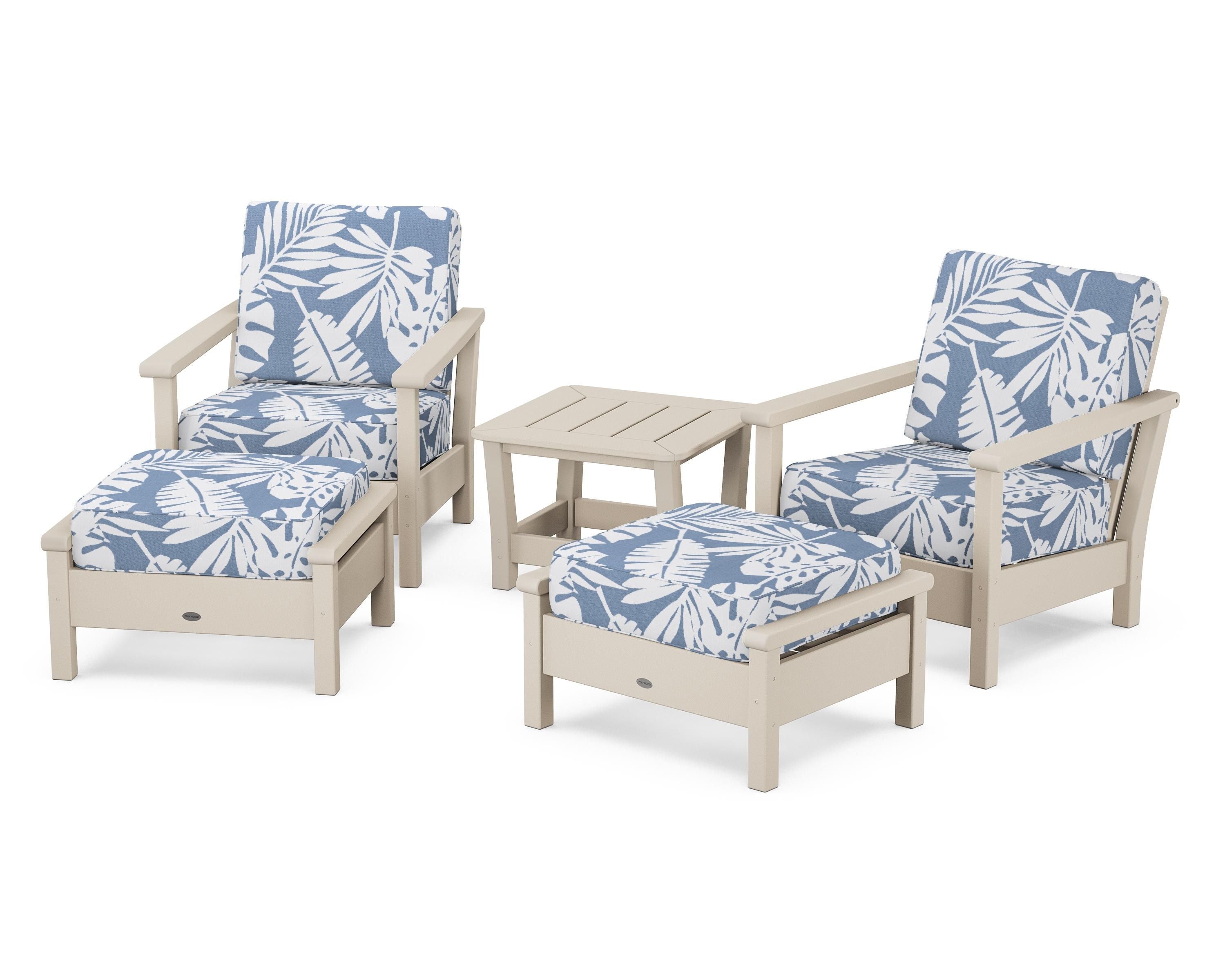 POLYWOOD Harbour 5-Piece Deep Seating Chair Set in Sand / Leaf Sky Blue