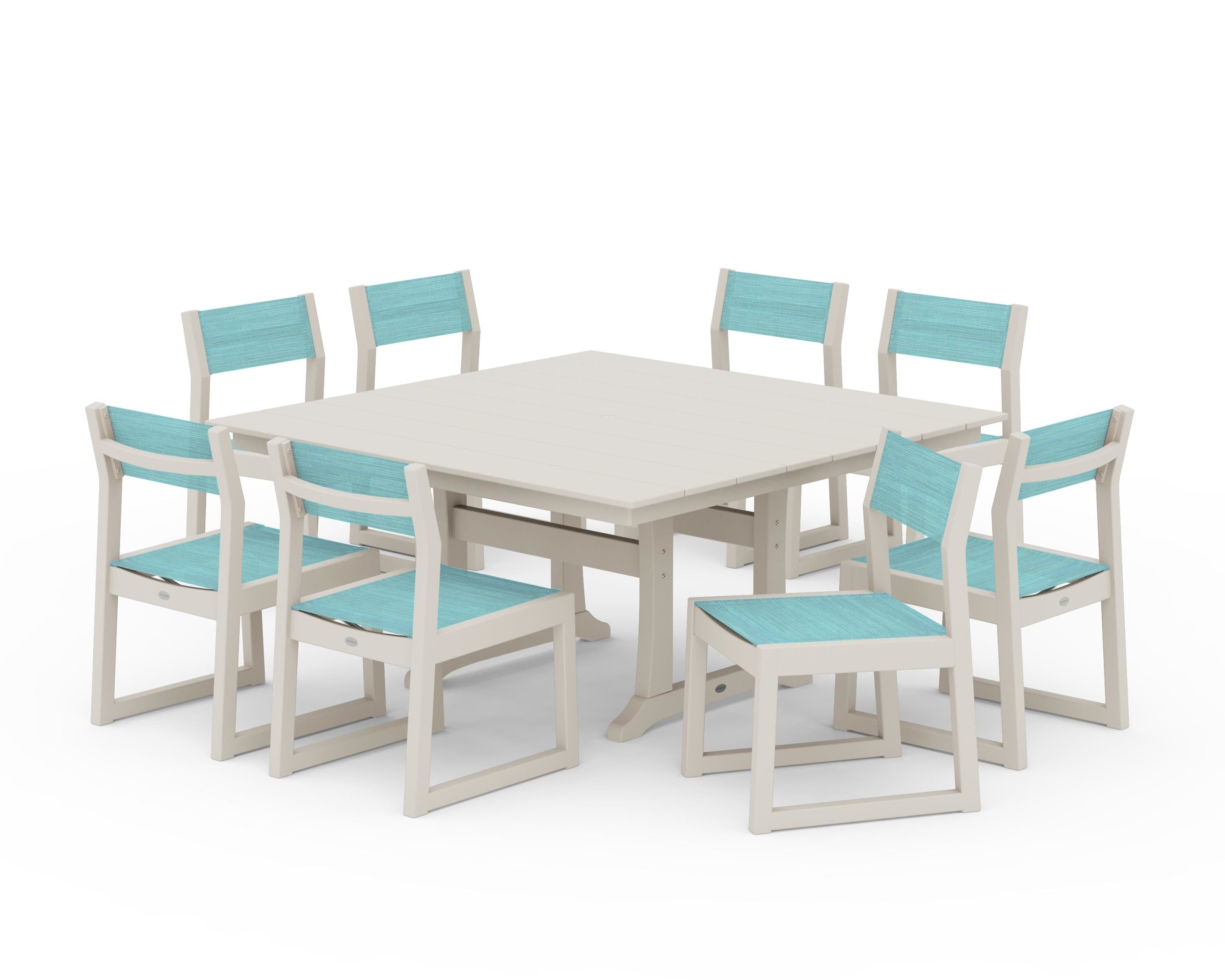 POLYWOOD EDGE Sling Side Chair 9-Piece Farmhouse Trestle Dining Set in Sand / Dupioni Aquamarine Sling