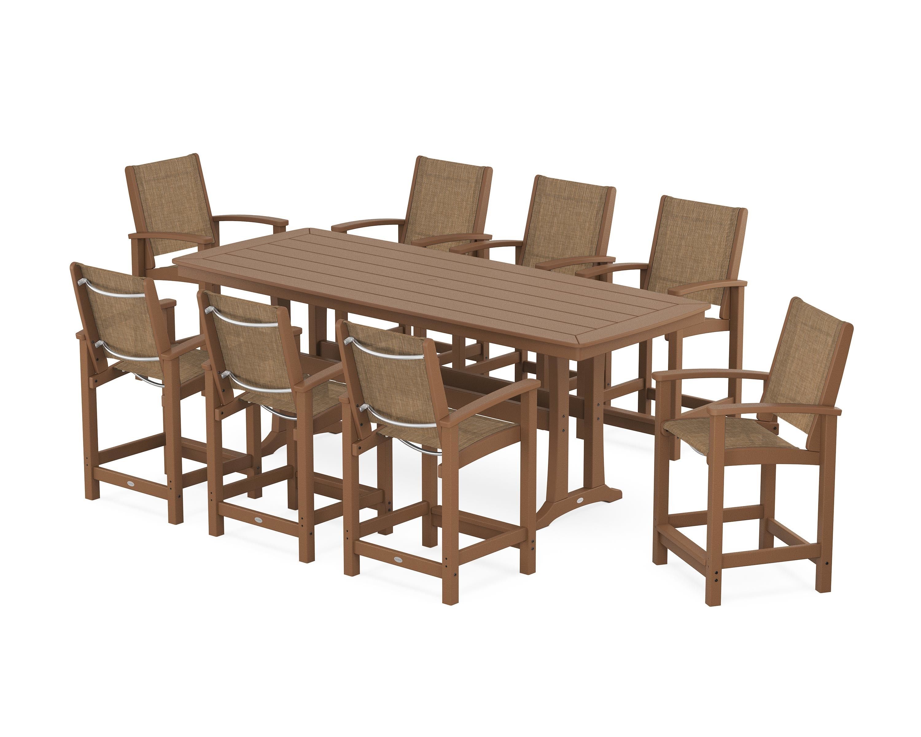 POLYWOOD Coastal 9-Piece Counter Set with Trestle Legs in Teak / Burlap Sling