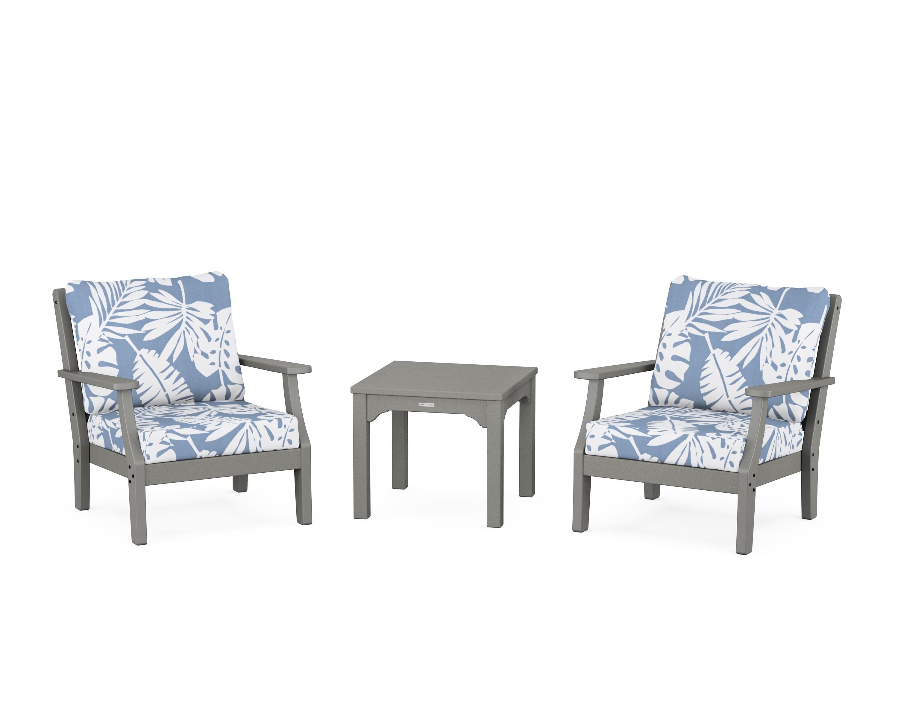 Martha Stewart by POLYWOOD Chinoiserie 3-Piece Deep Seating Set in Slate Grey / Leaf Sky Blue