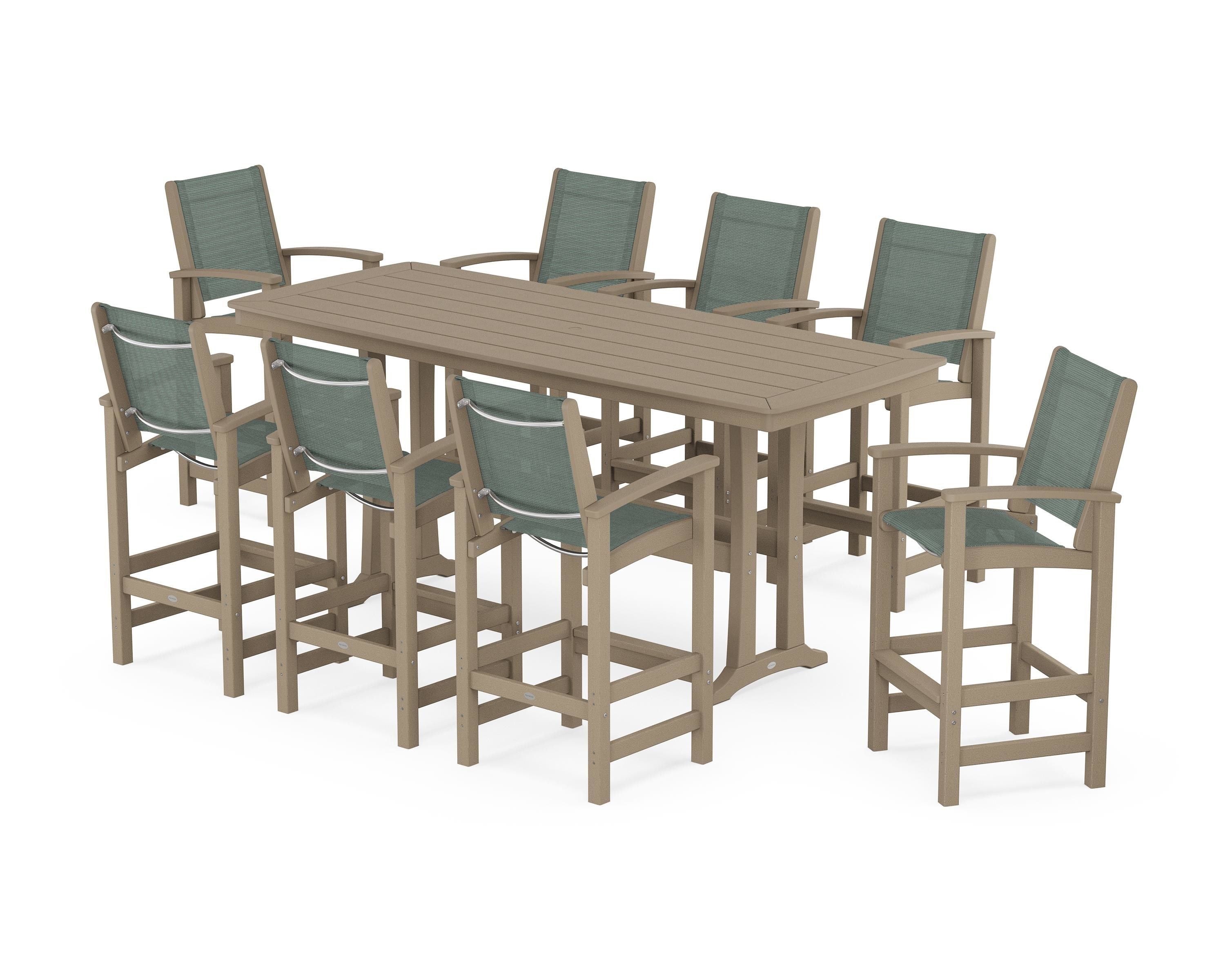 POLYWOOD Coastal 9-Piece Bar Set with Trestle Legs in Vintage Sahara / Dupioni Sea Mist Sling