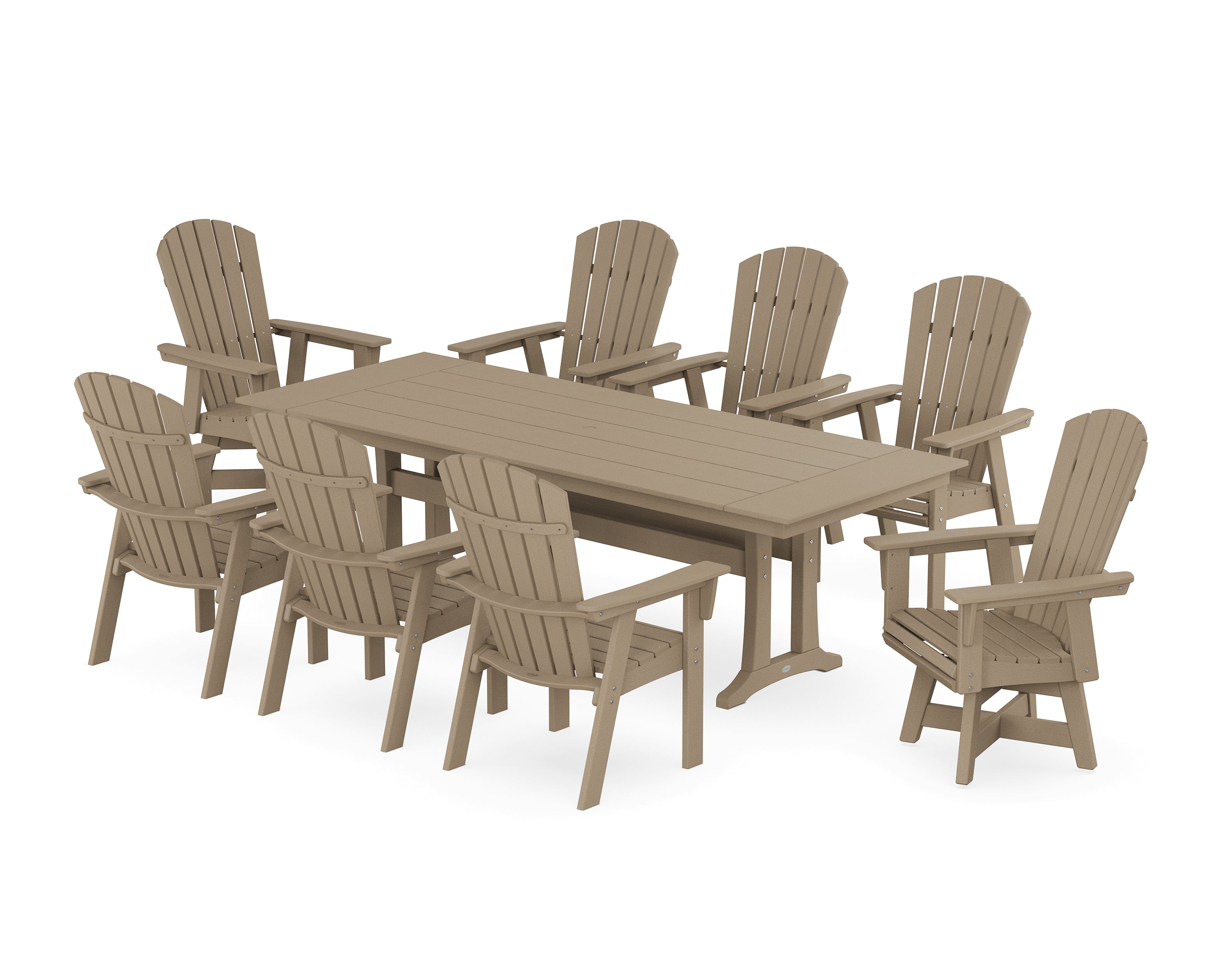 POLYWOOD® Nautical Curveback Adirondack Swivel 9-Piece Farmhouse Dining Set with Trestle Legs in Vintage Sahara