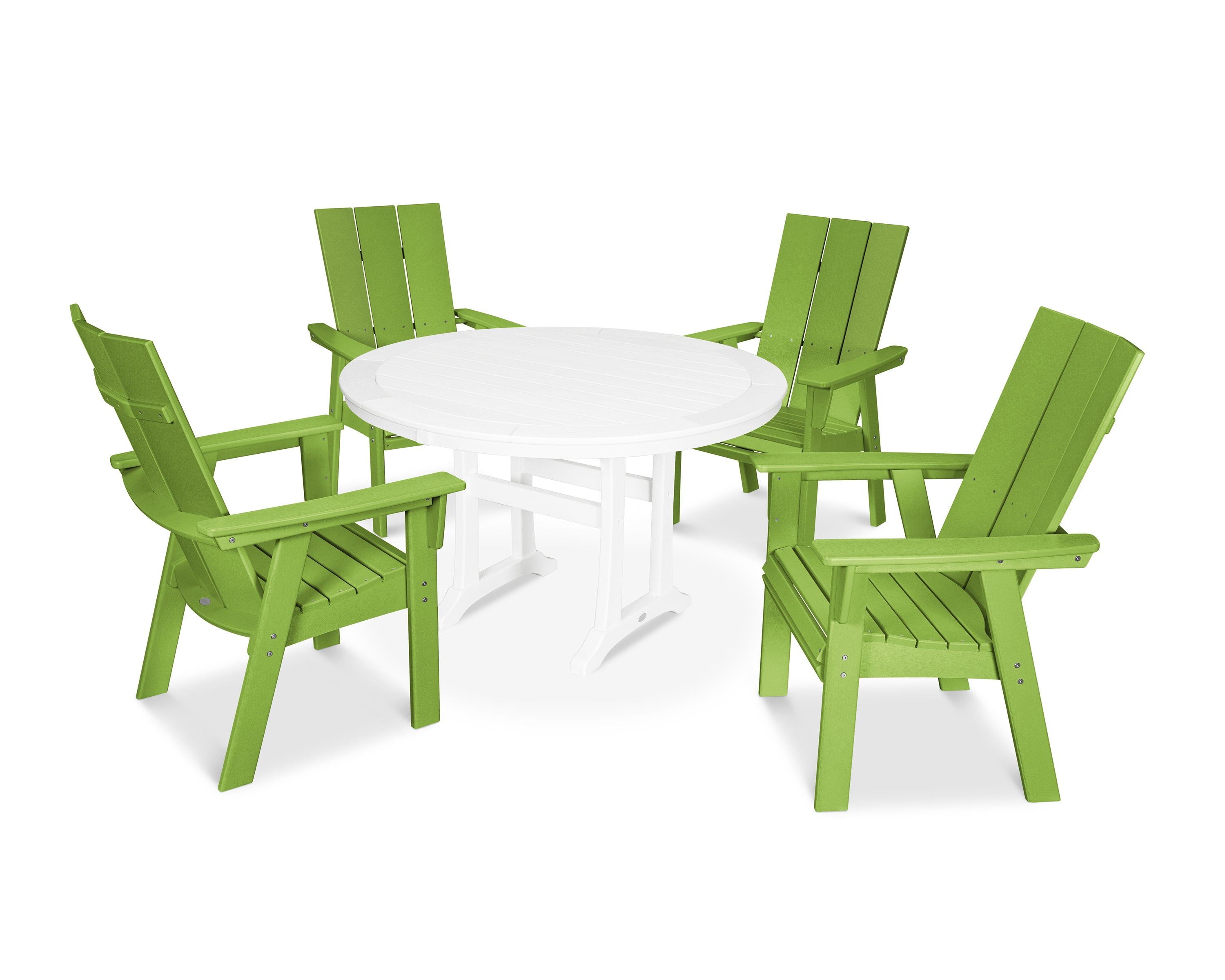POLYWOOD® Modern Curveback Adirondack 5-Piece Nautical Trestle Dining Set in Lime / White