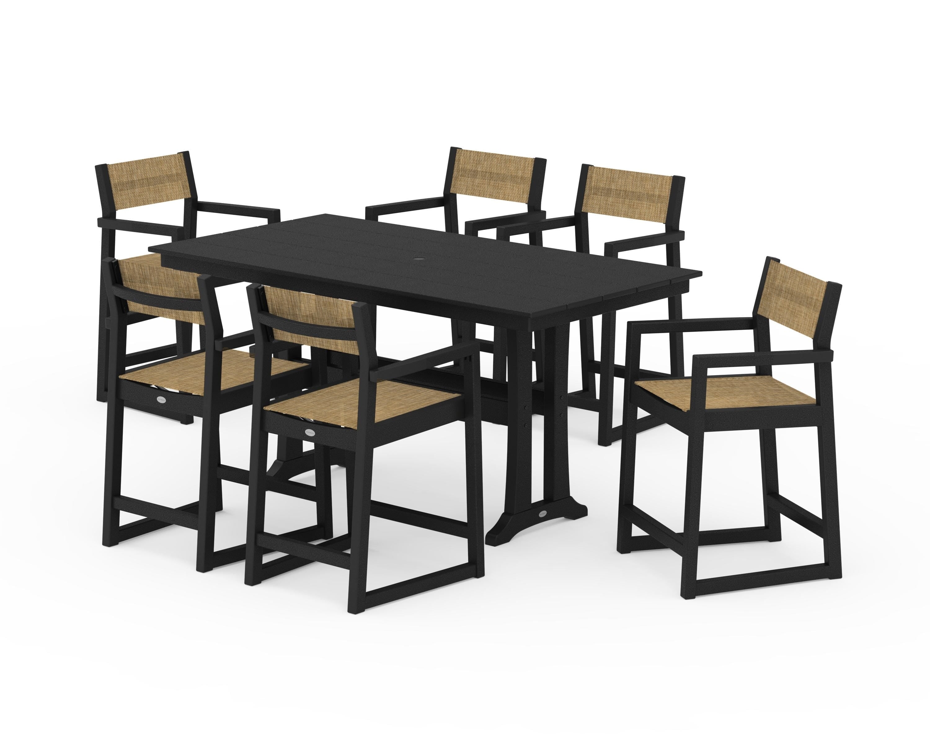 POLYWOOD EDGE Sling Arm Chair 7-Piece Farmhouse Counter Set with Trestle Legs in Black / Burlap Sling