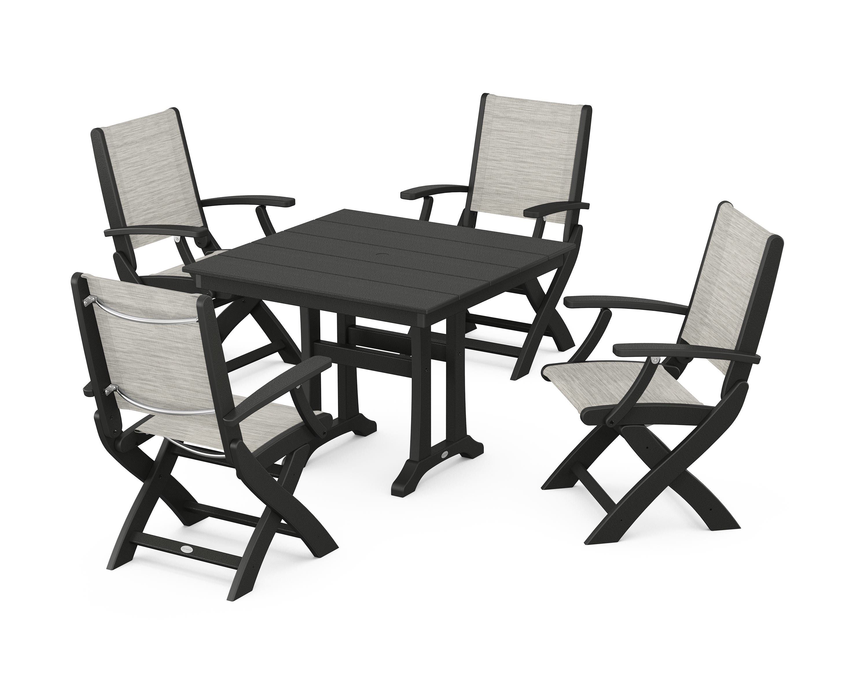 POLYWOOD Coastal Folding Chair 5-Piece Farmhouse Dining Set With Trestle Legs in Black / Birch Sling