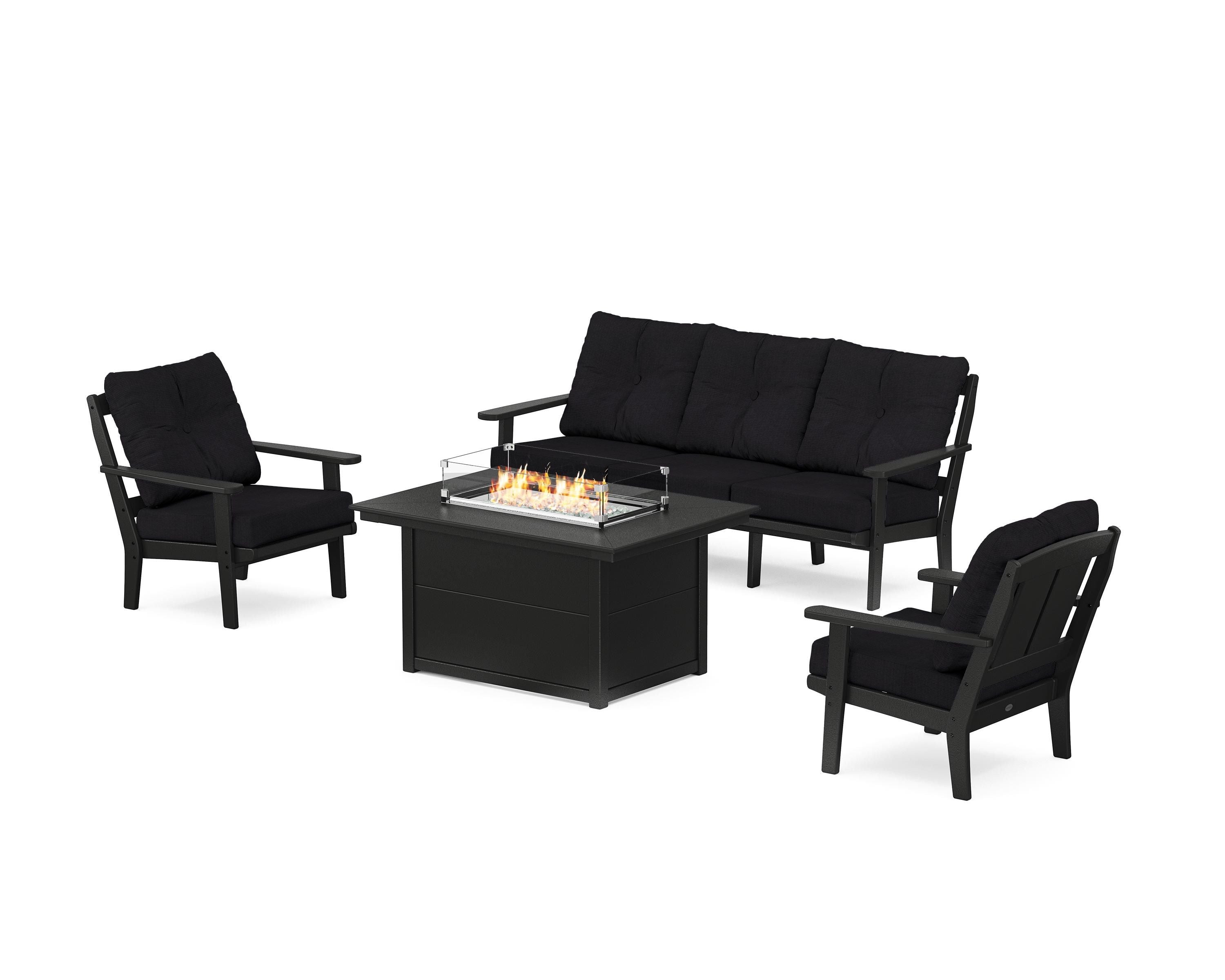 POLYWOOD Mission Deep Seating Fire Pit Table Set in Black / Midnight Linen