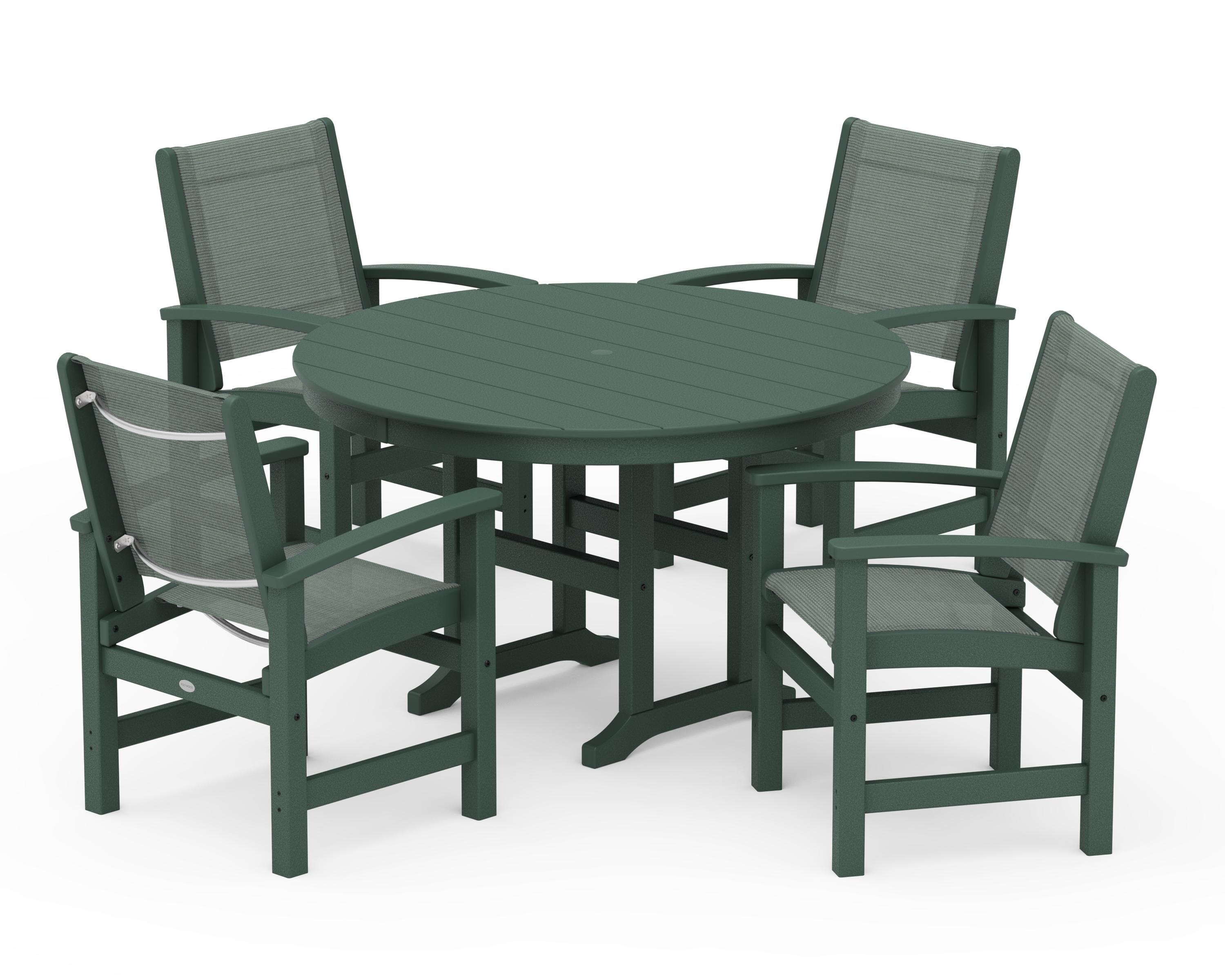 POLYWOOD Coastal 5-Piece Round Farmhouse Dining Set in Green / Dupioni Sea Mist Sling