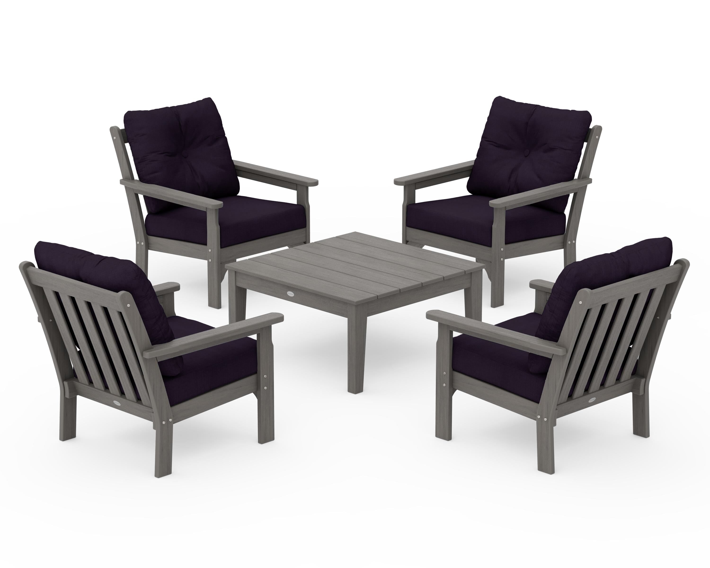 POLYWOOD Vineyard 5-Piece Deep Seating Conversation Set in Driftwood / Navy Linen