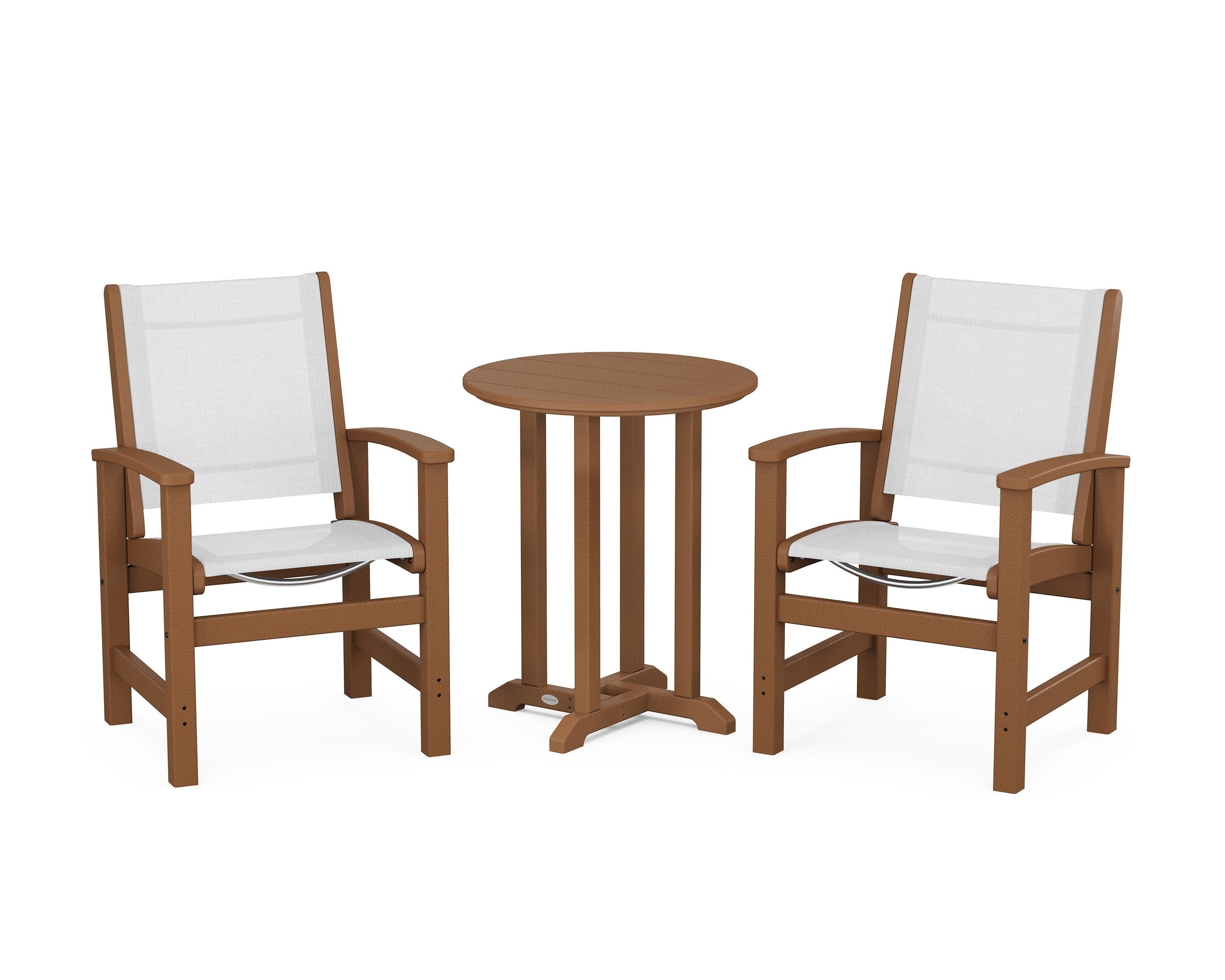 POLYWOOD Coastal 3-Piece Round Bistro Dining Set in Teak / White Sling