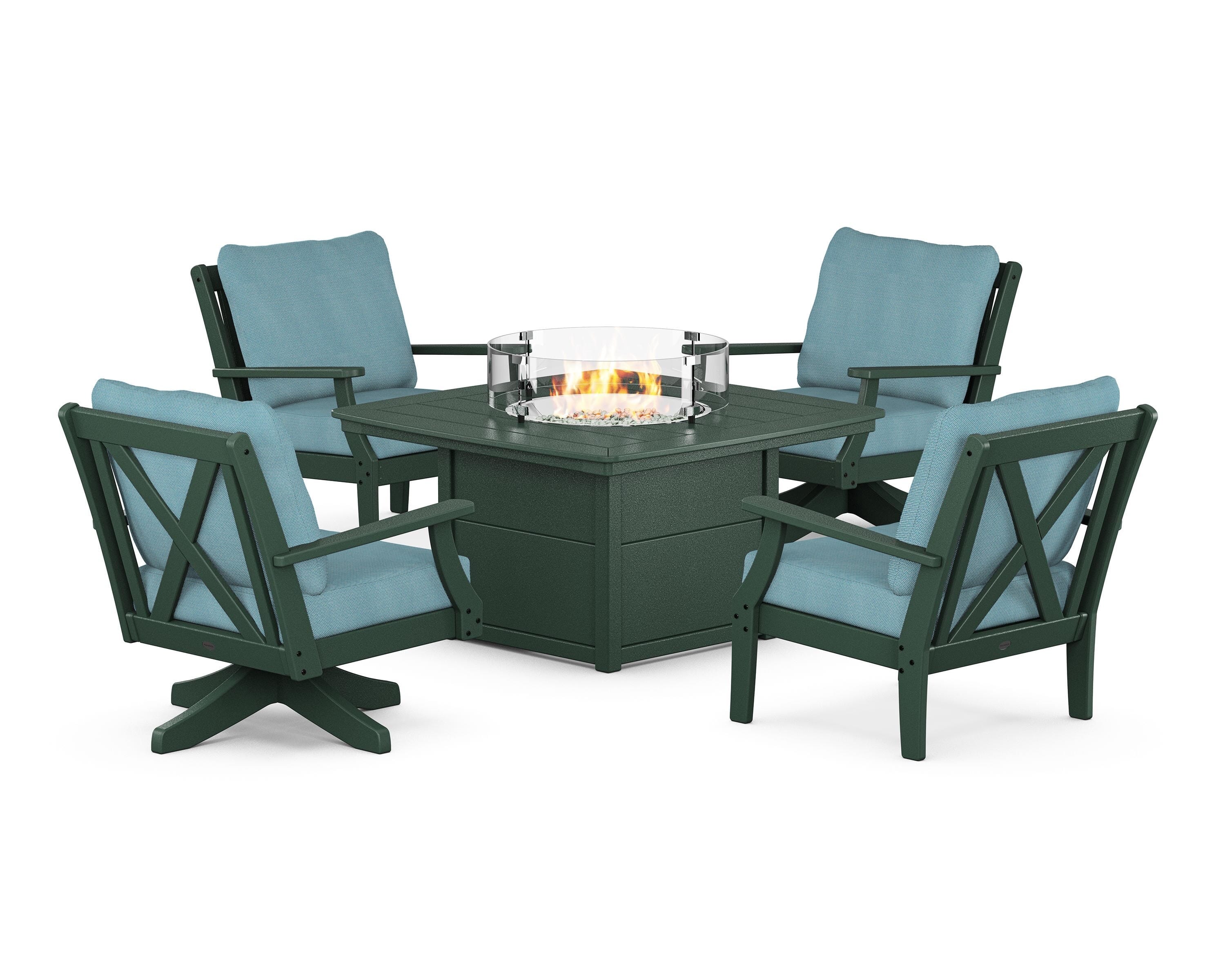 POLYWOOD Braxton 5-Piece Deep Seating Set with Fire Table in Green / Lattice Sky Blue