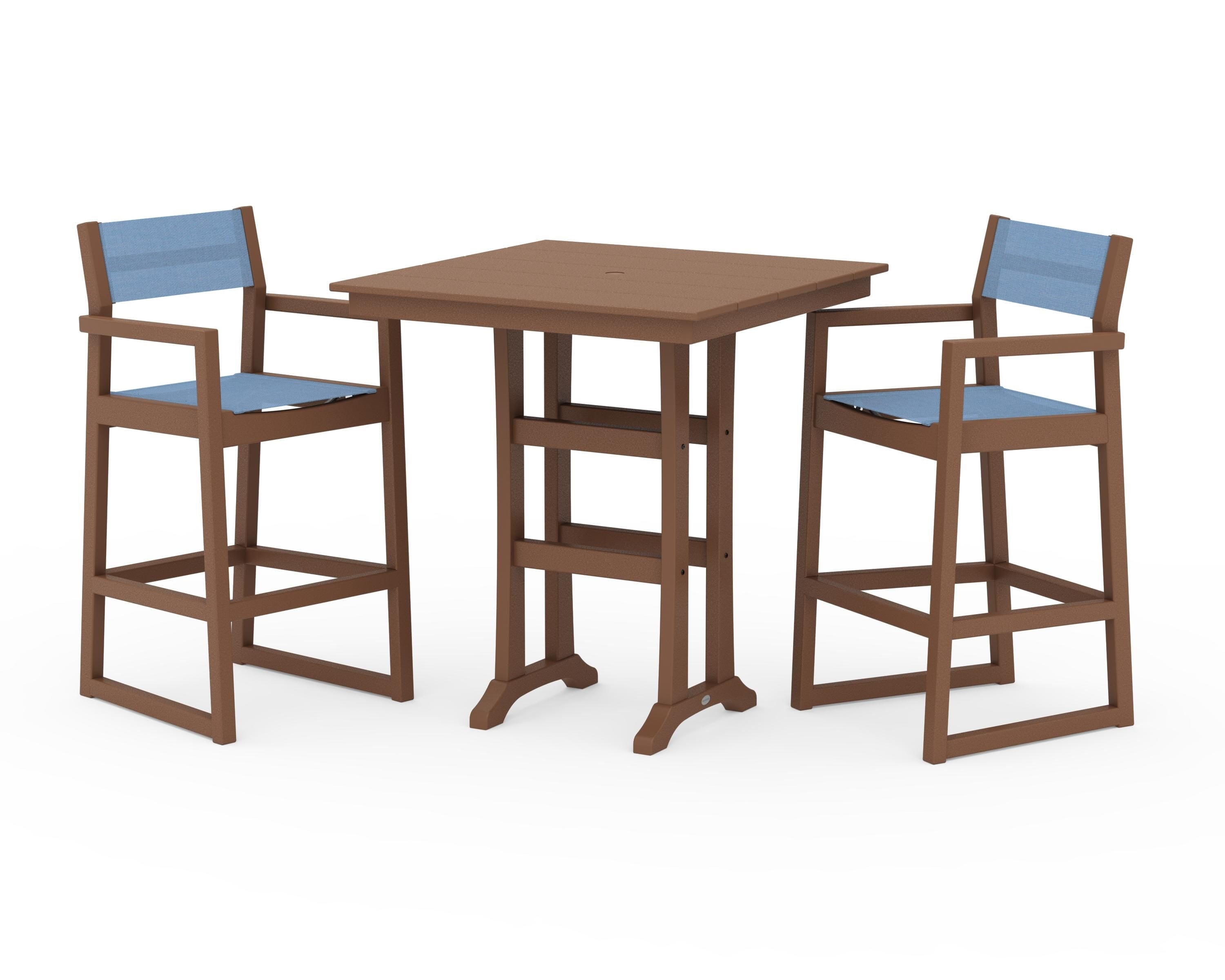 POLYWOOD EDGE Sling Arm Chair 3-Piece Farmhouse Bar Set with Trestle Legs in Teak / Poolside Sling