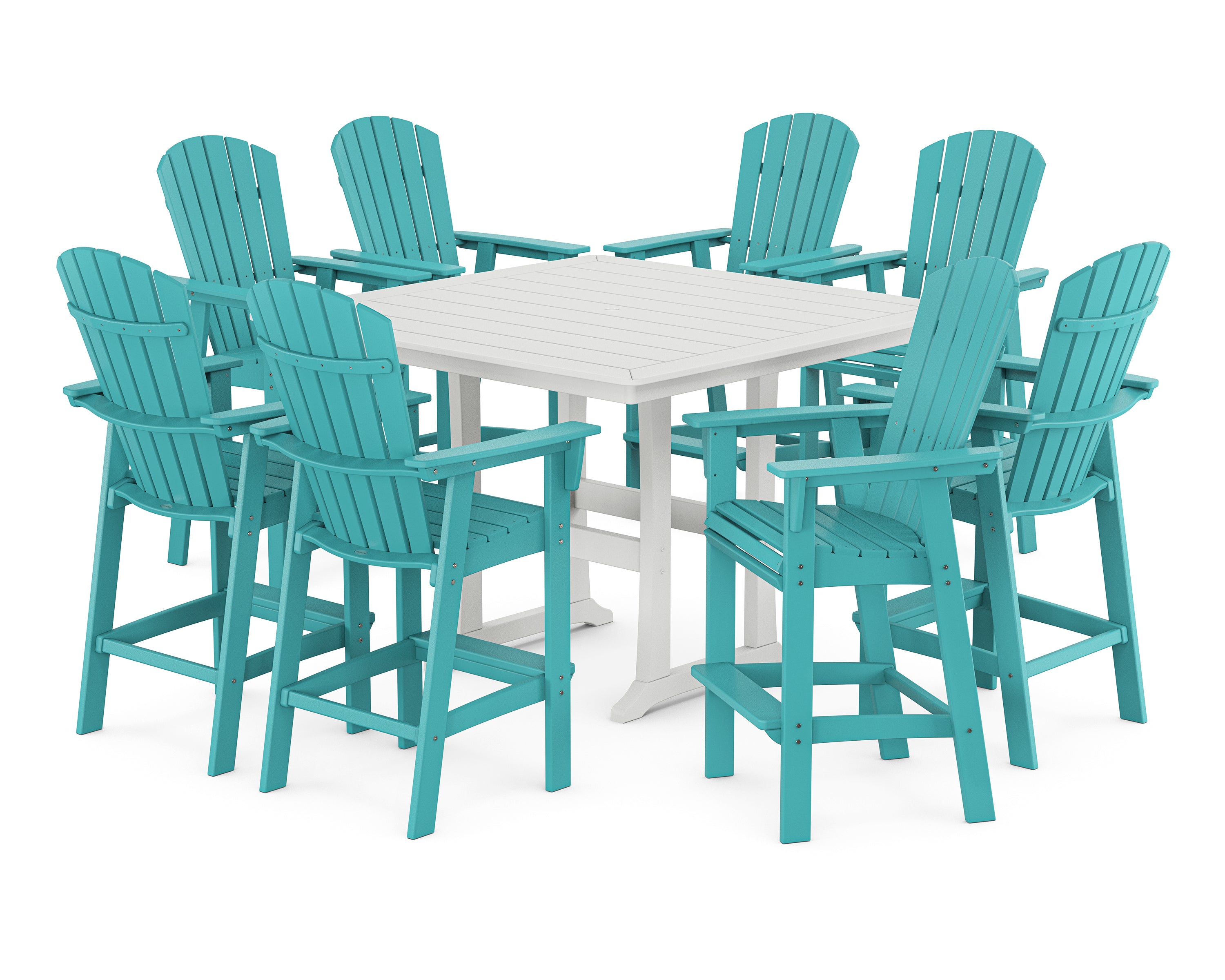 POLYWOOD® Nautical Curveback Adirondack 9-Piece Trestle Bar Set in Aruba / White