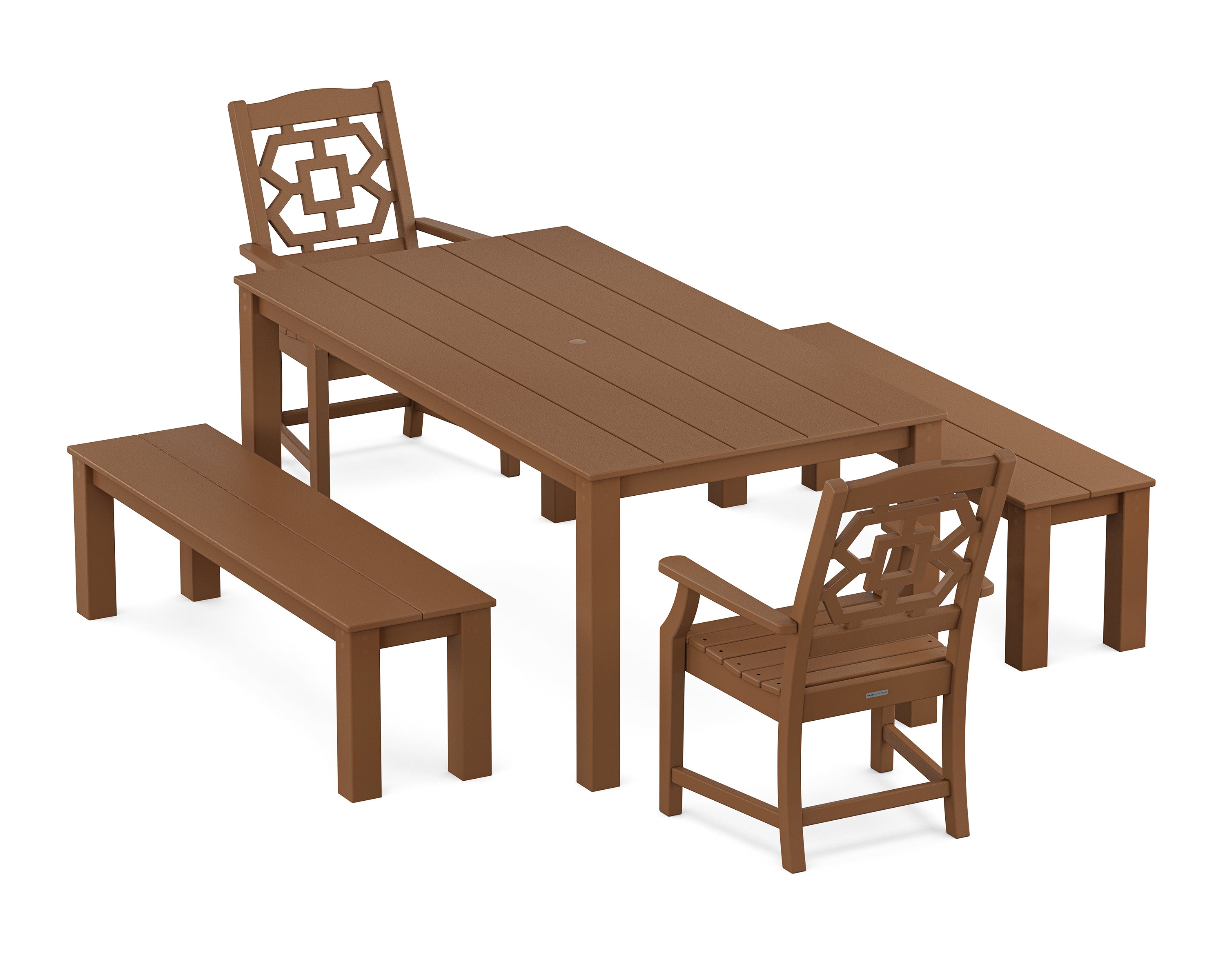 Martha Stewart by POLYWOOD Chinoiserie 5-Piece Parsons Dining Set with Benches in Teak