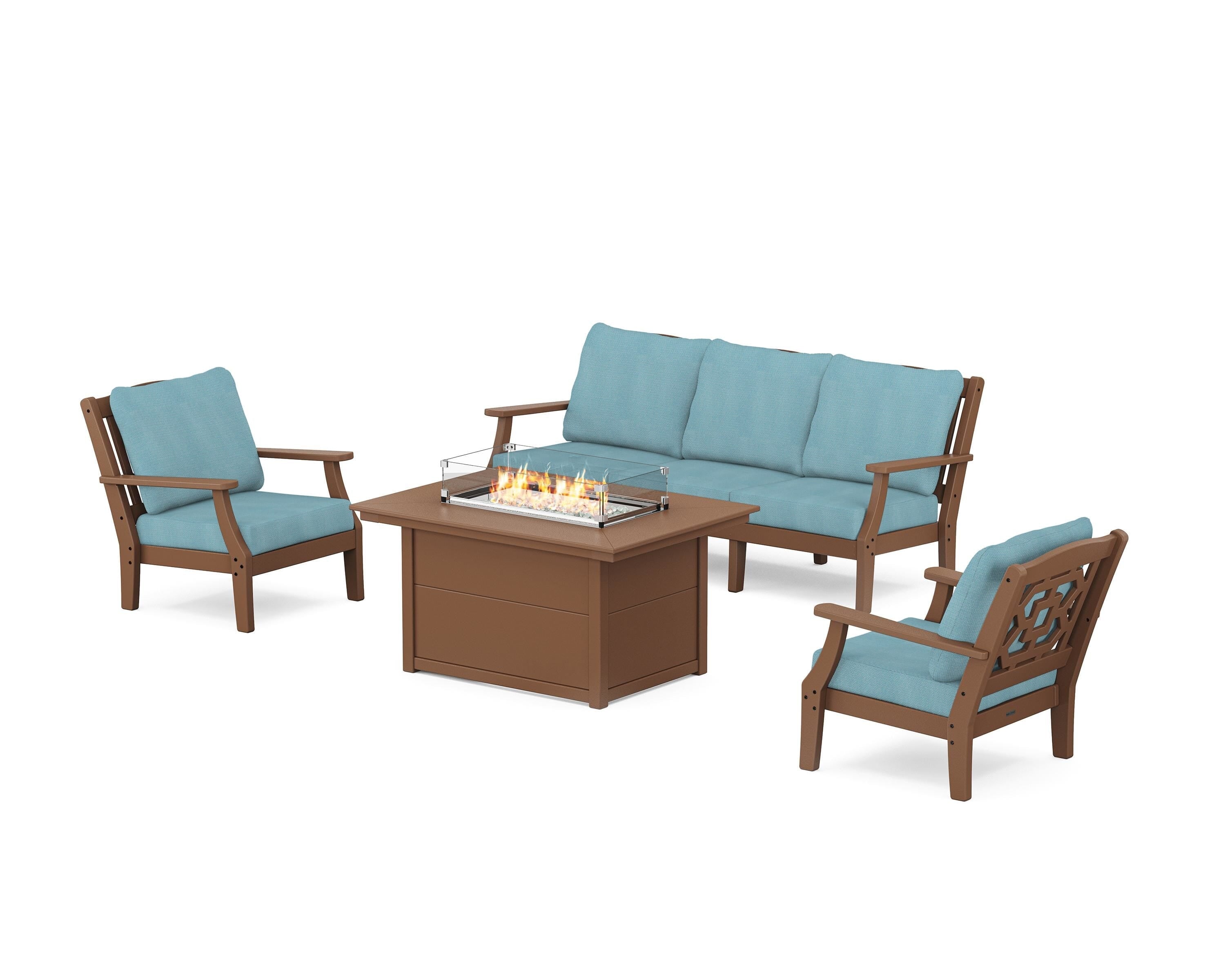 Martha Stewart by POLYWOOD Chinoiserie Deep Seating Fire Pit Table Set in Teak / Lattice Sky Blue