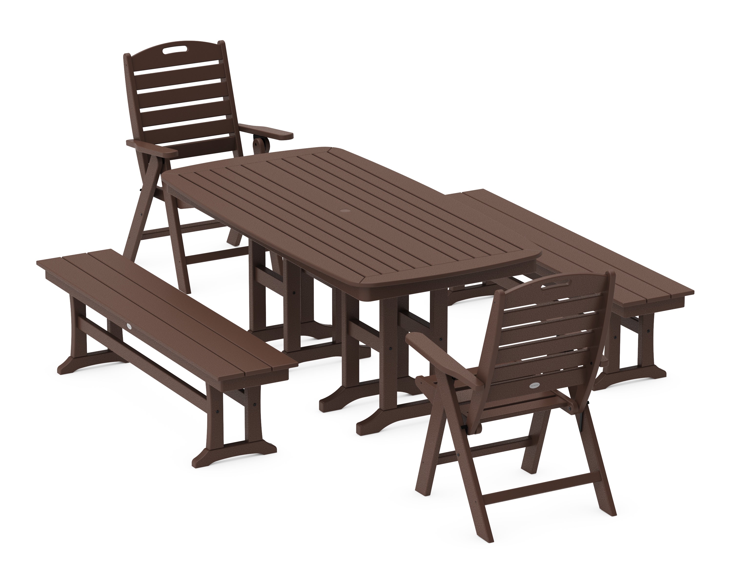 POLYWOOD Nautical Highback 5-Piece Dining Set with Benches in Mahogany