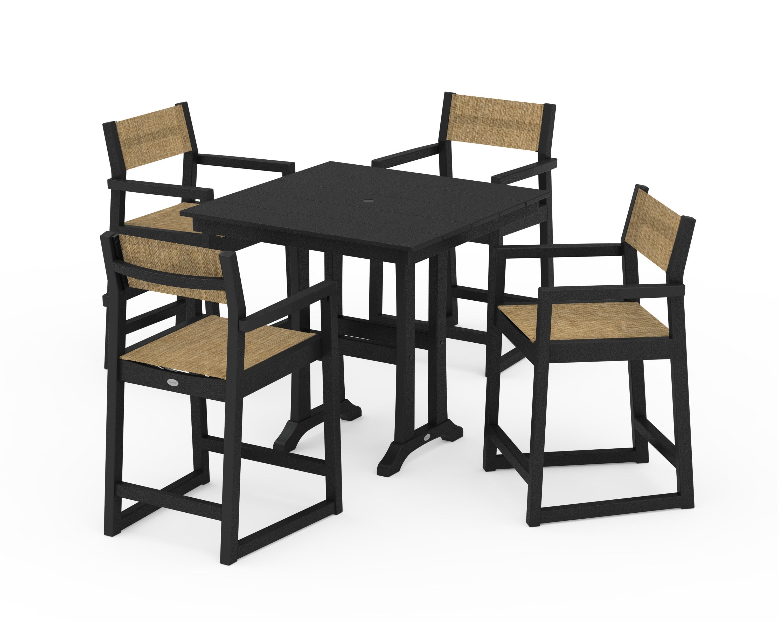 POLYWOOD EDGE Sling Arm Chair 5-Piece Farmhouse Counter Set with Trestle Legs in Black / Burlap Sling